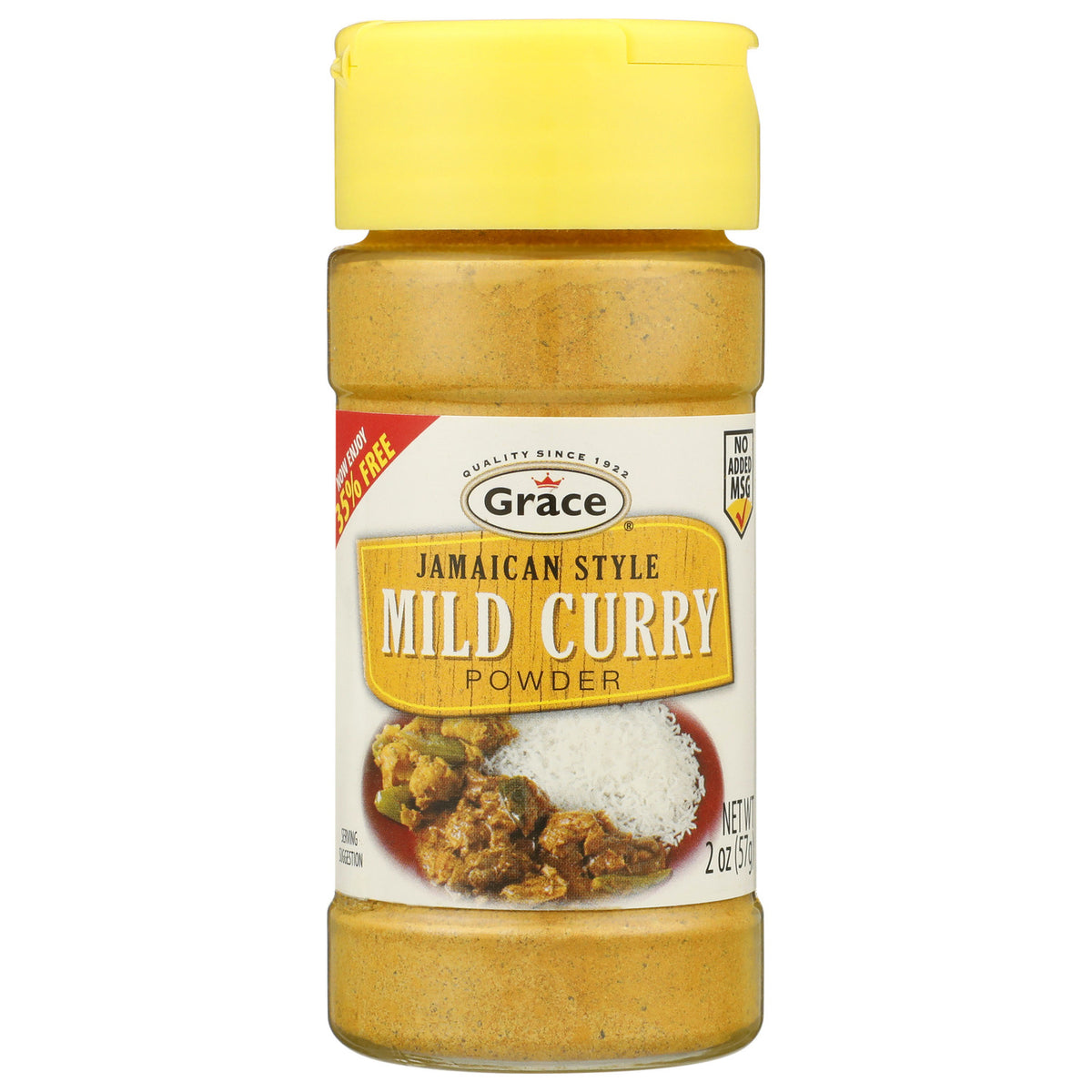 Front view of Grace Jamaican Style Mild Curry Powder 2 oz jar showcasing its yellow lid and curry powder on a white background