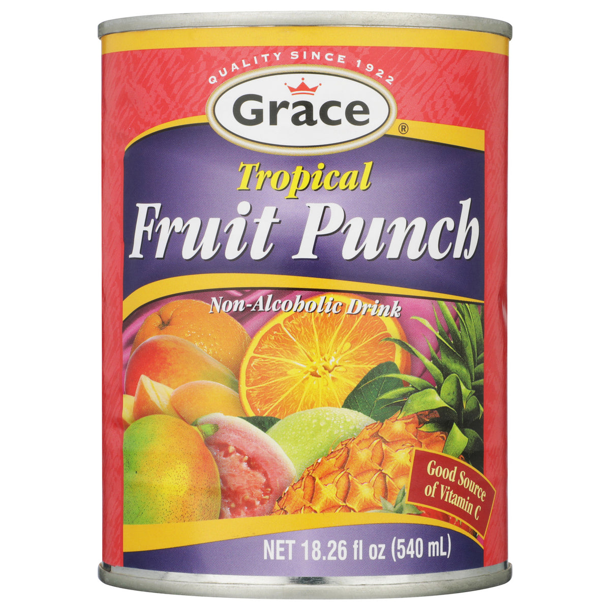 Front view of Grace Tropical Fruit Punch nonalcoholic drink can with tropical fruit imagery and 18.26 fluid ounces