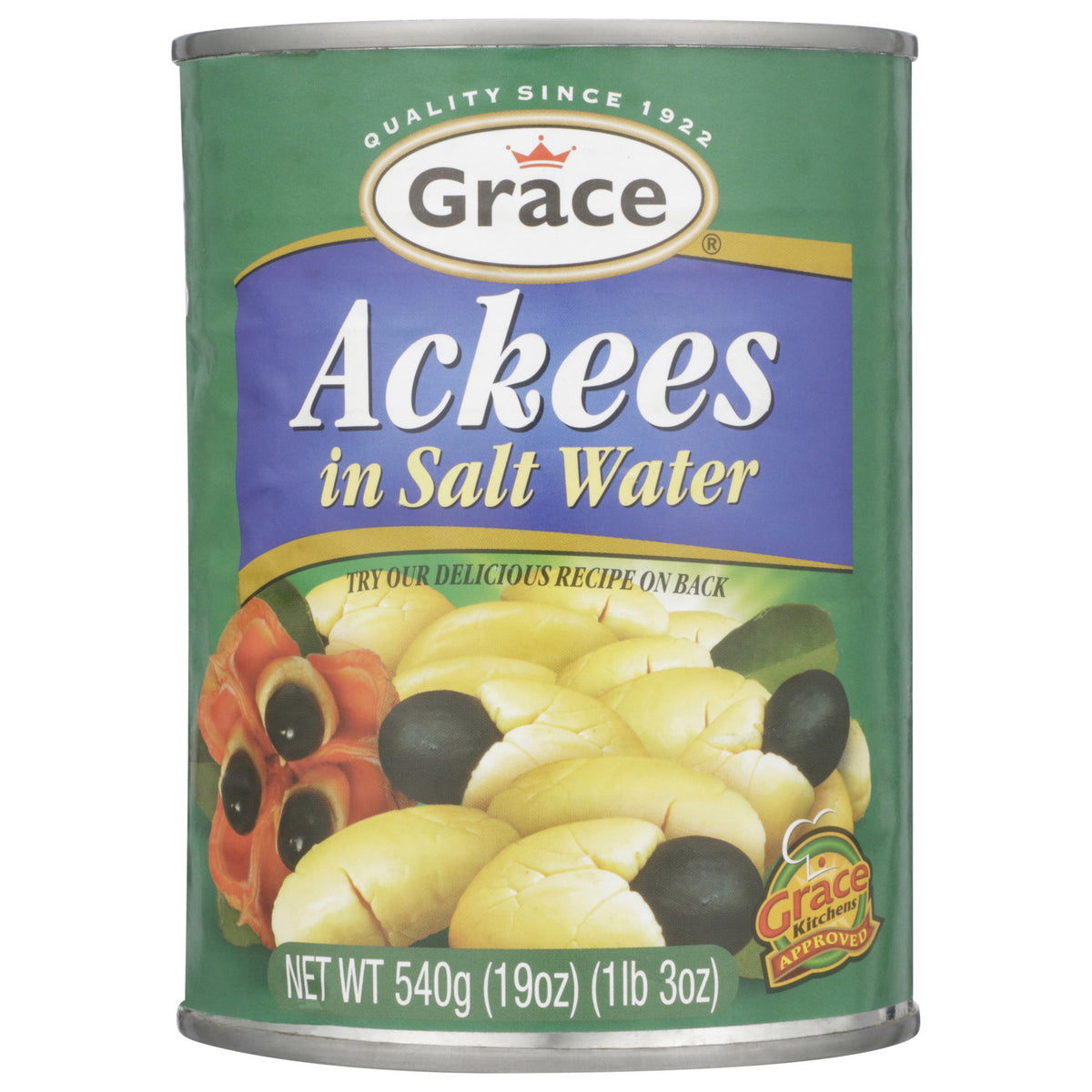 Front view of Grace Ackees in Salt Water can showcasing ackee fruit and 540g size with white background
