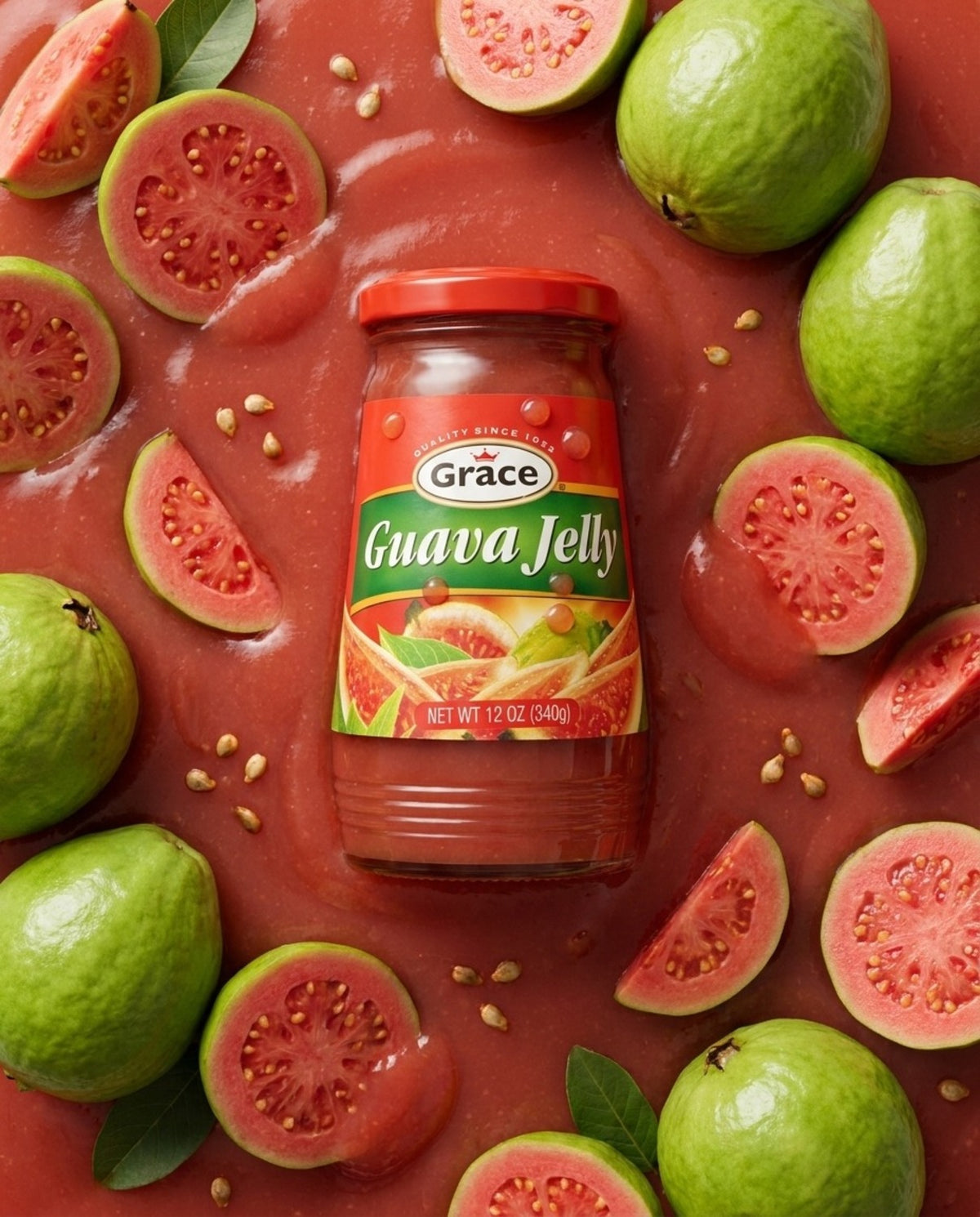 Front view of Grace Guava Jelly showcasing its 12 ounce jar with whole and sliced guavas on a red background