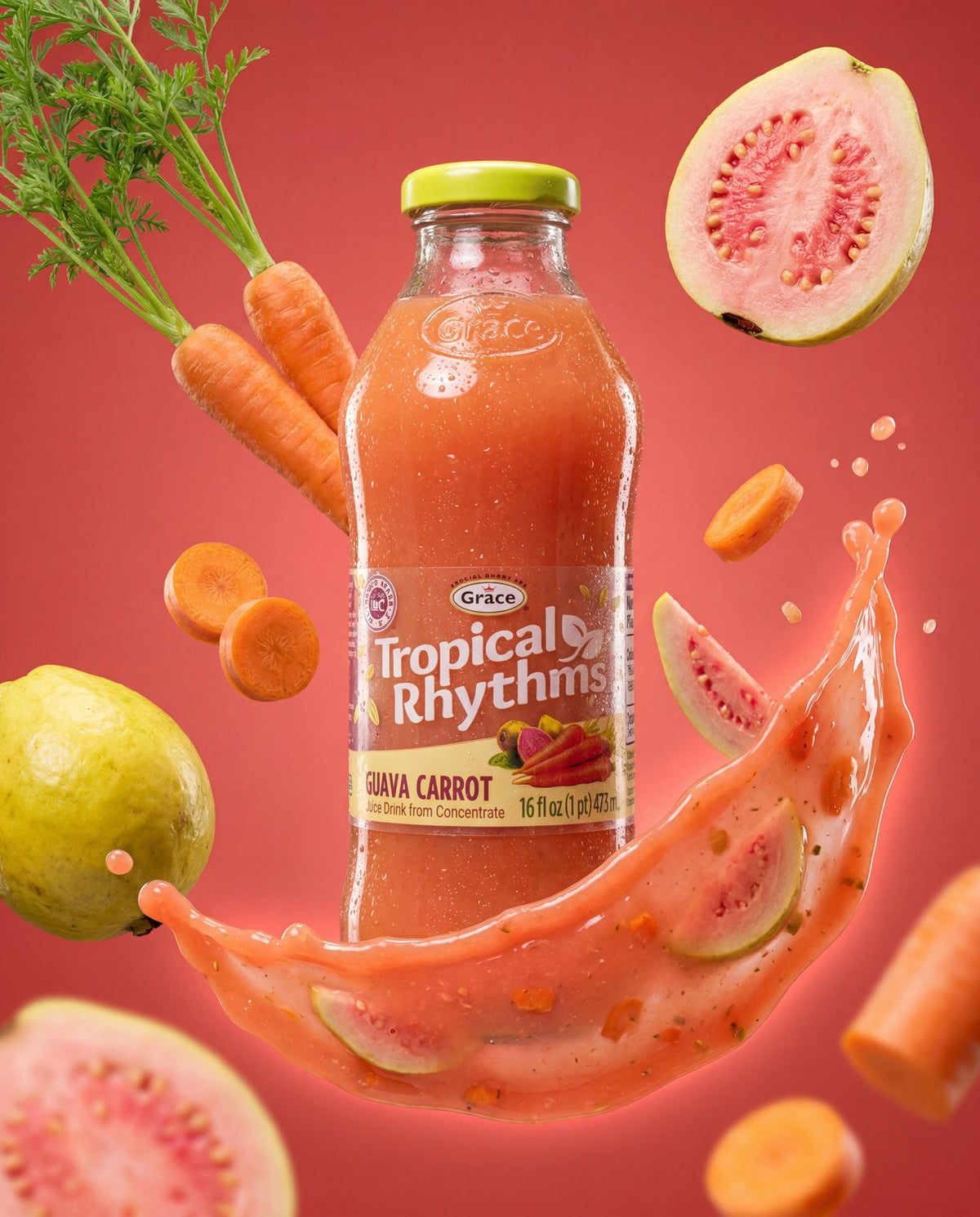 Front view of Grace Tropical Rhythms Guava Carrot Juice bottle with carrots and guavas on red background