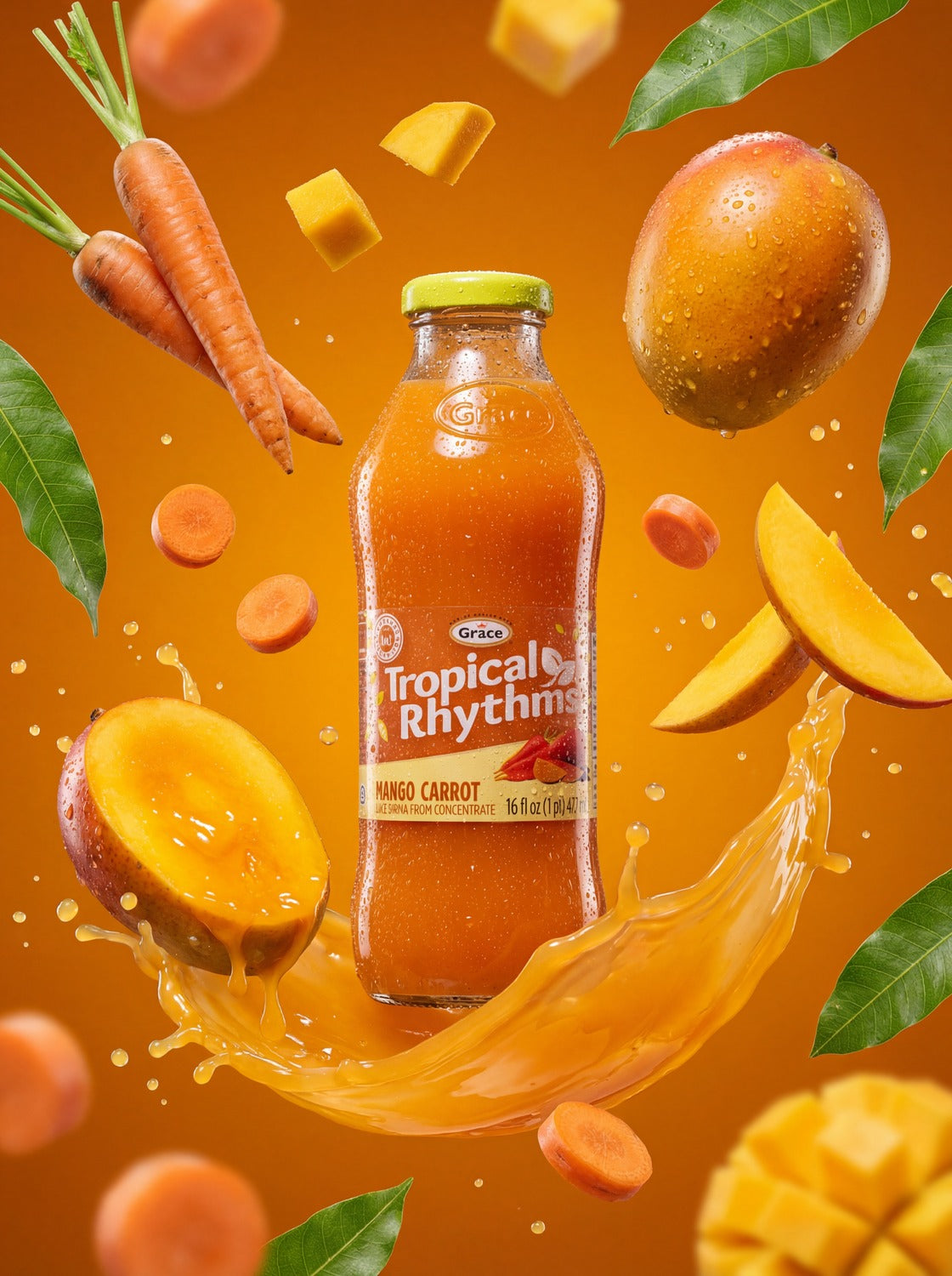 Front view of Grace Tropical Rhythms Mango Carrot juice bottle showcasing mango, carrots, and an orange juice splash