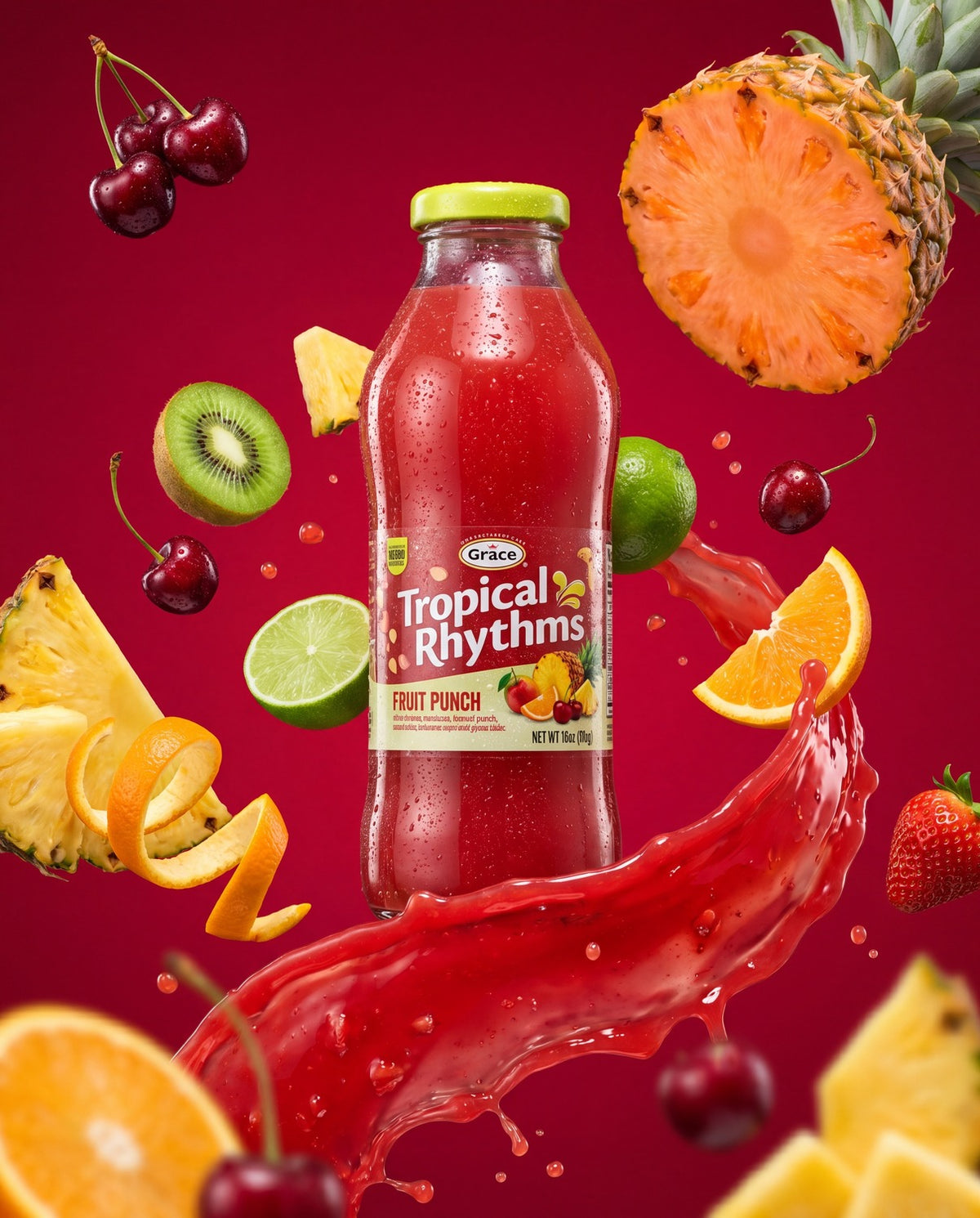 Front view of Grace Tropical Rhythms Fruit Punch Juice showcasing 16-ounce bottle with fruit splash on red background