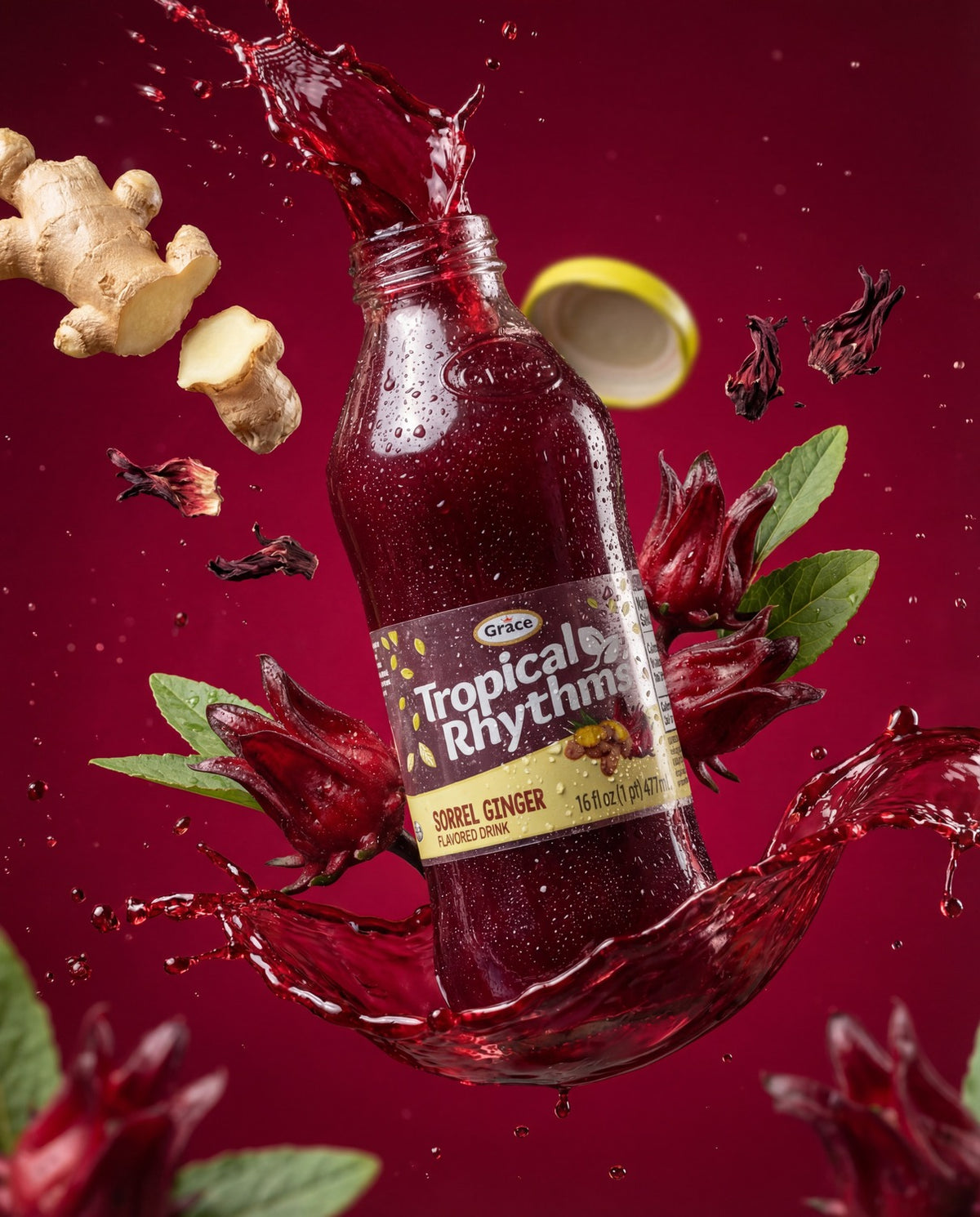 Angled view of Grace Tropical Rhythms Sorrel Ginger Drink showcasing its label with ginger, sorrel, and red drink splash
