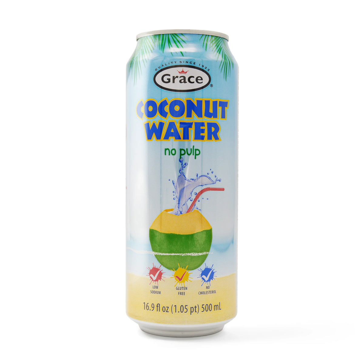 Front view of Grace Coconut Water No Pulp can showcasing the no-pulp label and 500 mL size on a white background