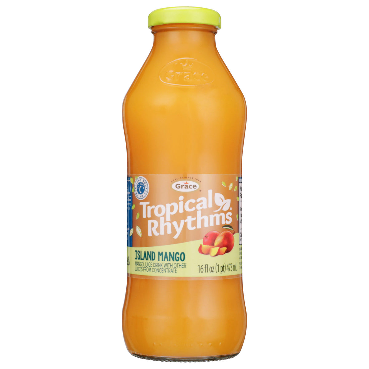 Front view of Grace Tropical Rhythms Island Mango juice bottle showing 16 fl oz size, orange drink, and lime green cap