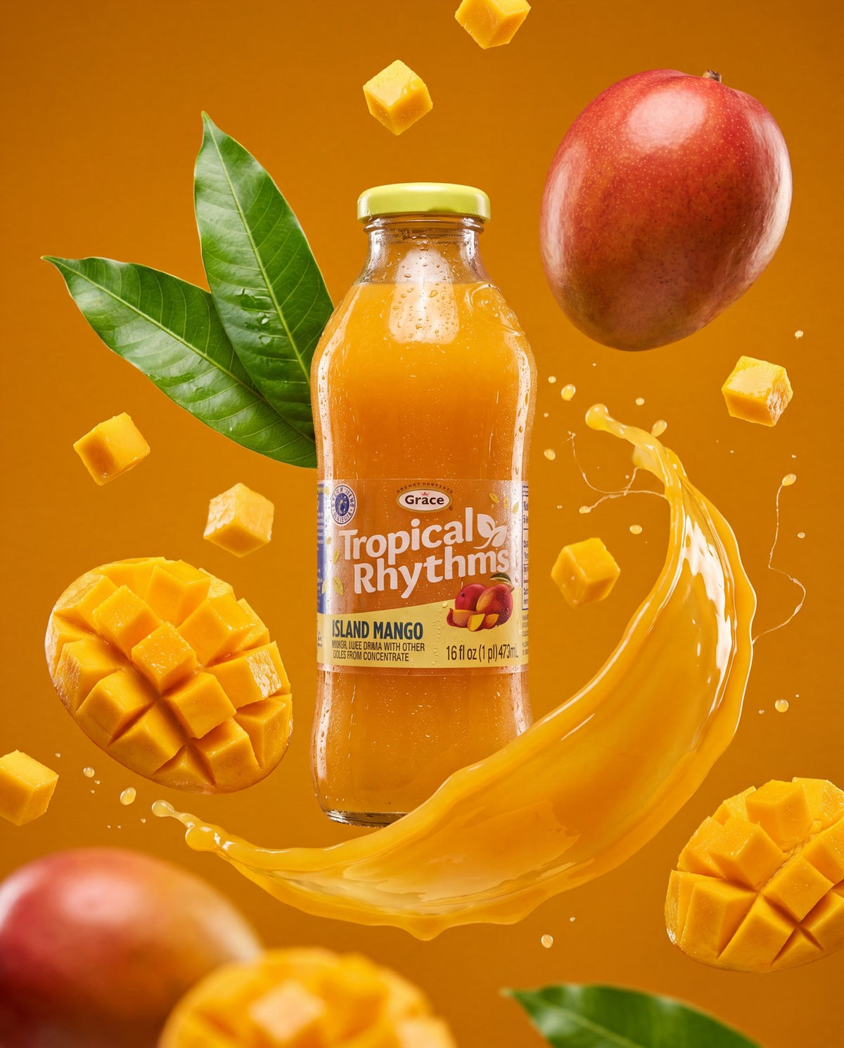 Front view of Grace Tropical Rhythms Island Mango juice bottle with mango cubes and a juice splash on an orange background
