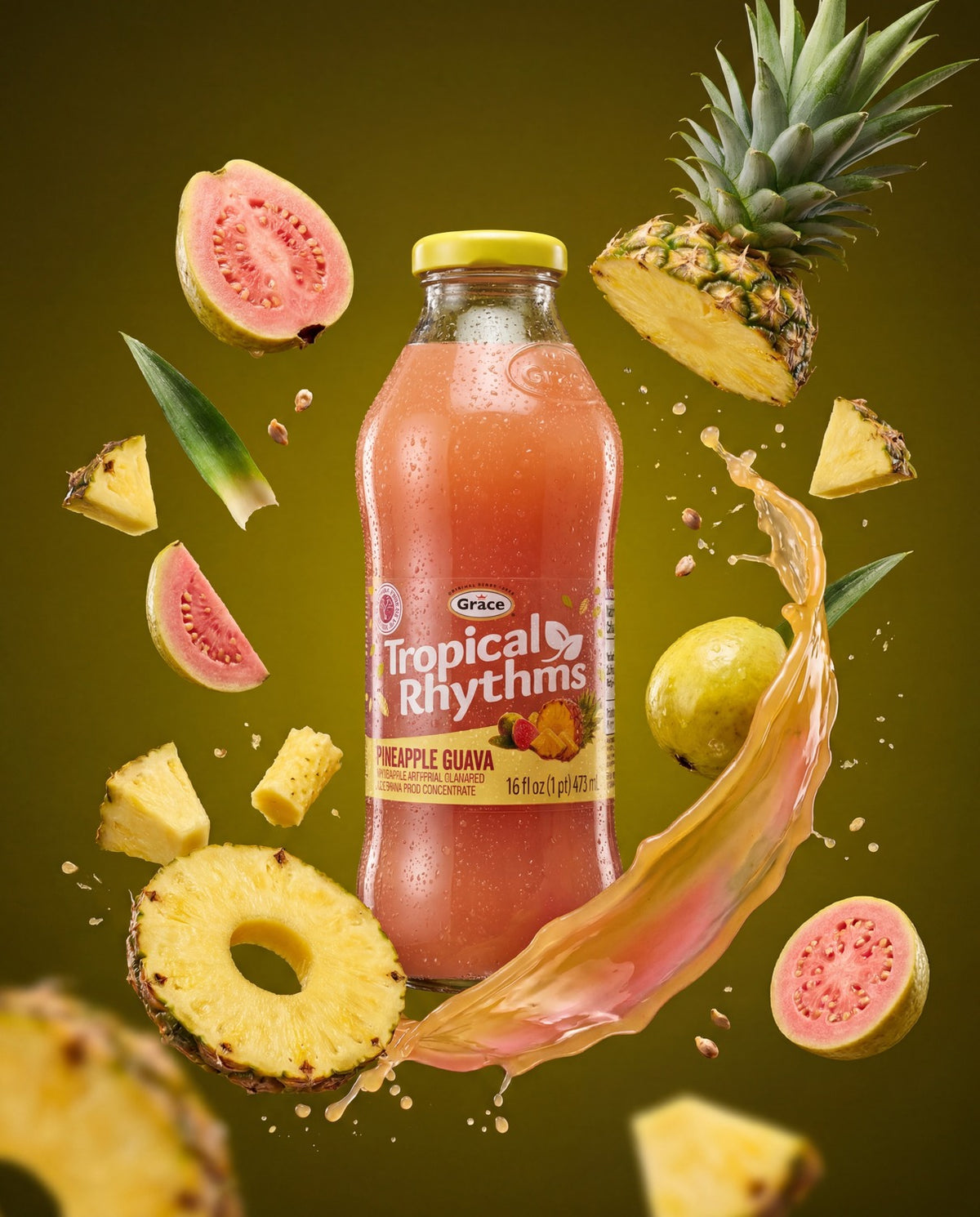 Front view of Grace Tropical Rhythms Pineapple Guava Juice bottle showcasing 16 fl oz pink juice with pineapple and guava