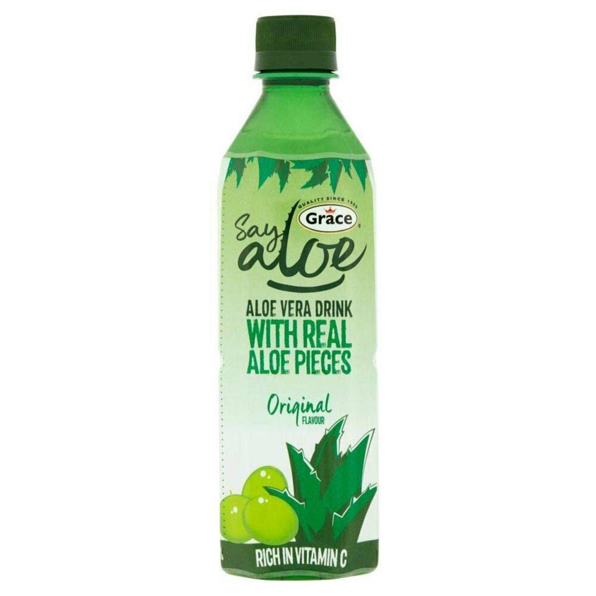 Front view of Grace Aloe Vera Original 500 ml bottle showcasing real aloe pieces and original flavour with a white background