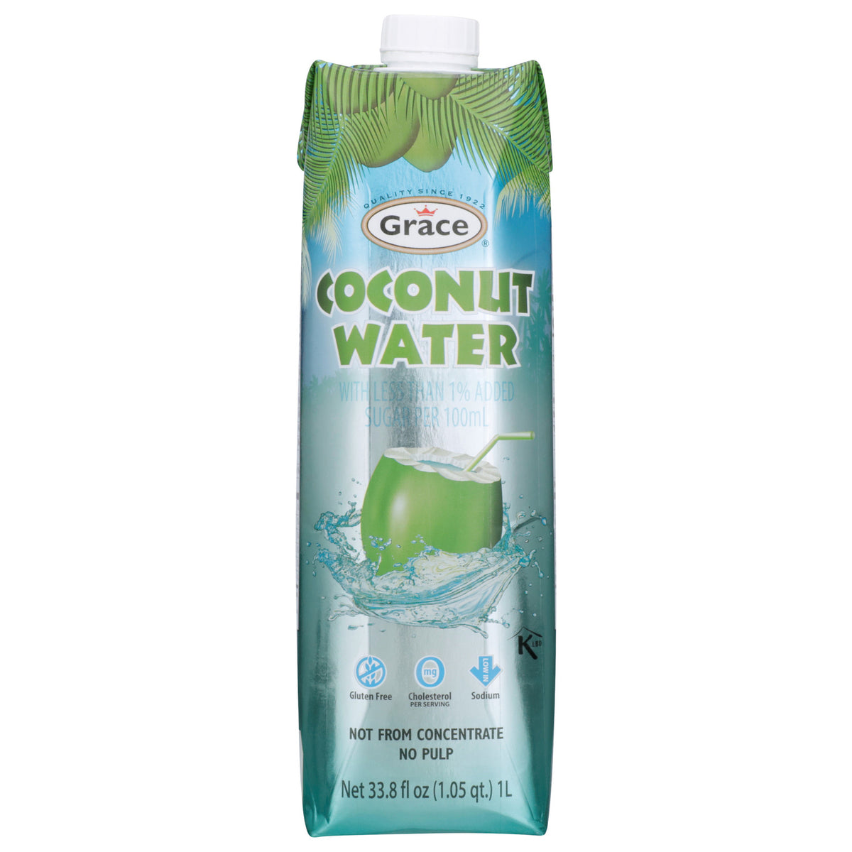 Front view of Grace Coconut Water 1 L carton showcasing coconut splash design with white background