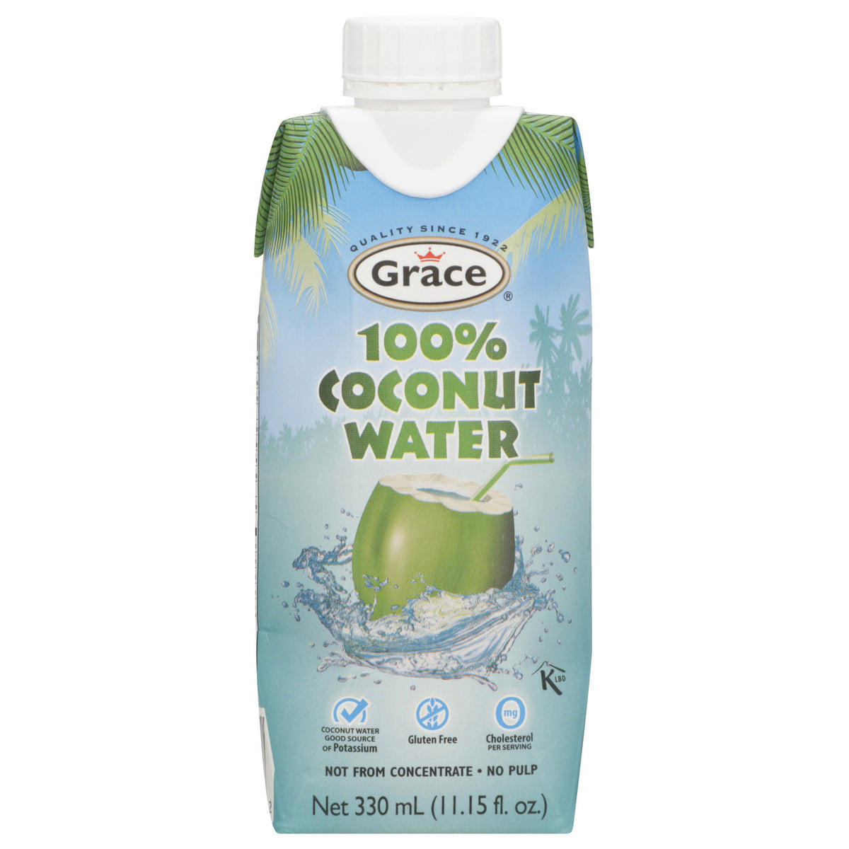 Front view of Grace Prisma Tetra Pack Coconut Water showing 100 percent coconut water against white background
