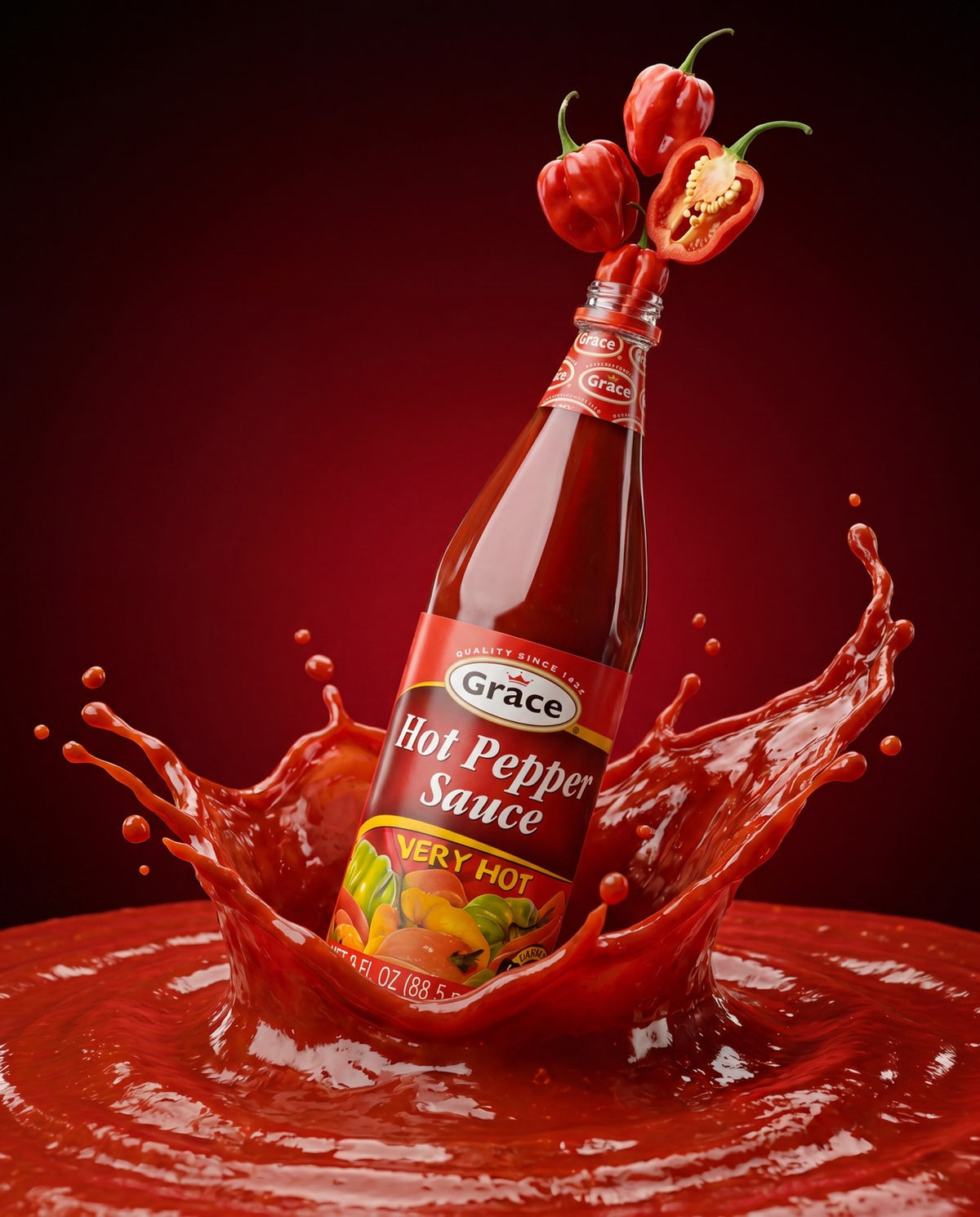 Angled view of Grace Hot Pepper Sauce Very Hot bottle showcasing 3 FL OZ size and red sauce splash background