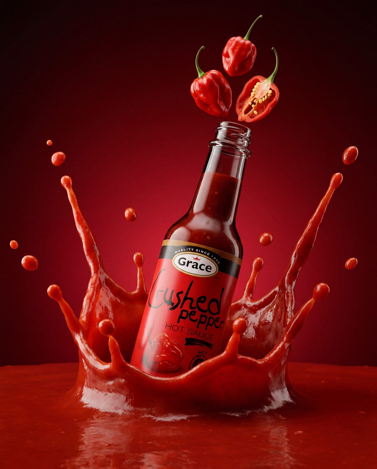 Front view of Grace Crushed Pepper Hot Sauce bottle showcasing a red sauce splash and red peppers on a dark red background