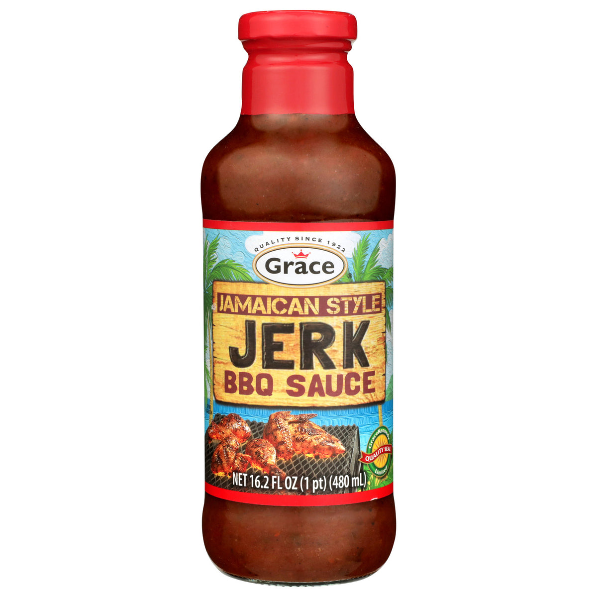 Front view of Grace Jamaican Style Jerk BBQ Sauce bottle showcasing 16.2 fl oz label on white background