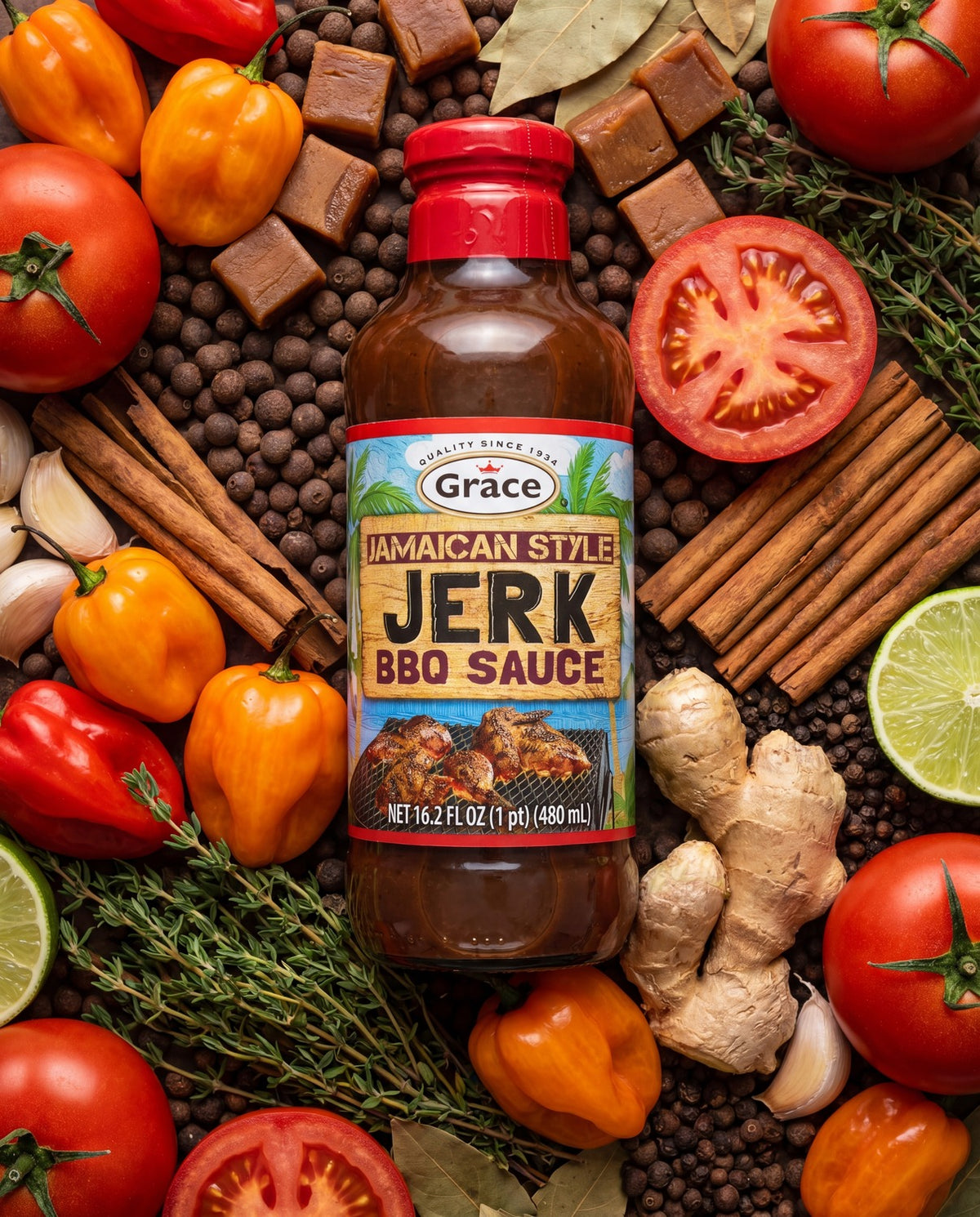 Front view of Grace Jamaican Style Jerk BBQ Sauce bottle showcasing its red cap and label surrounded by peppers and spices