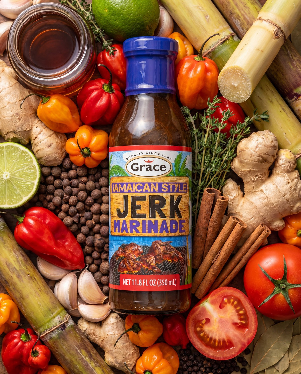 Front view of Grace Jamaican Style Jerk Marinade showcasing its bottle label with peppers, herbs, ginger, limes, and spices