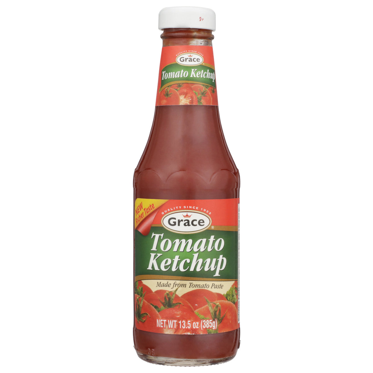 Front view of Grace Tomato Ketchup bottle showcasing tomato paste label and 385 gram size against a white background