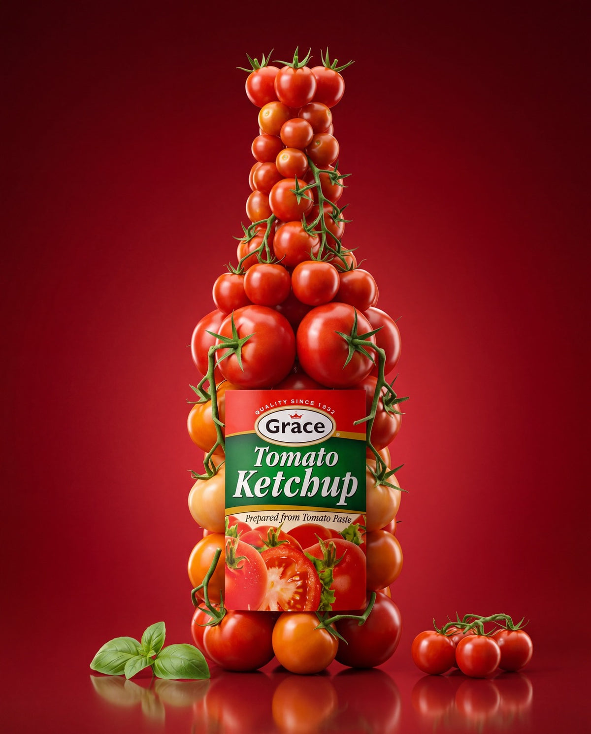 Front view of Grace Tomato Ketchup 385 G label surrounded by tomatoes and basil on a red background