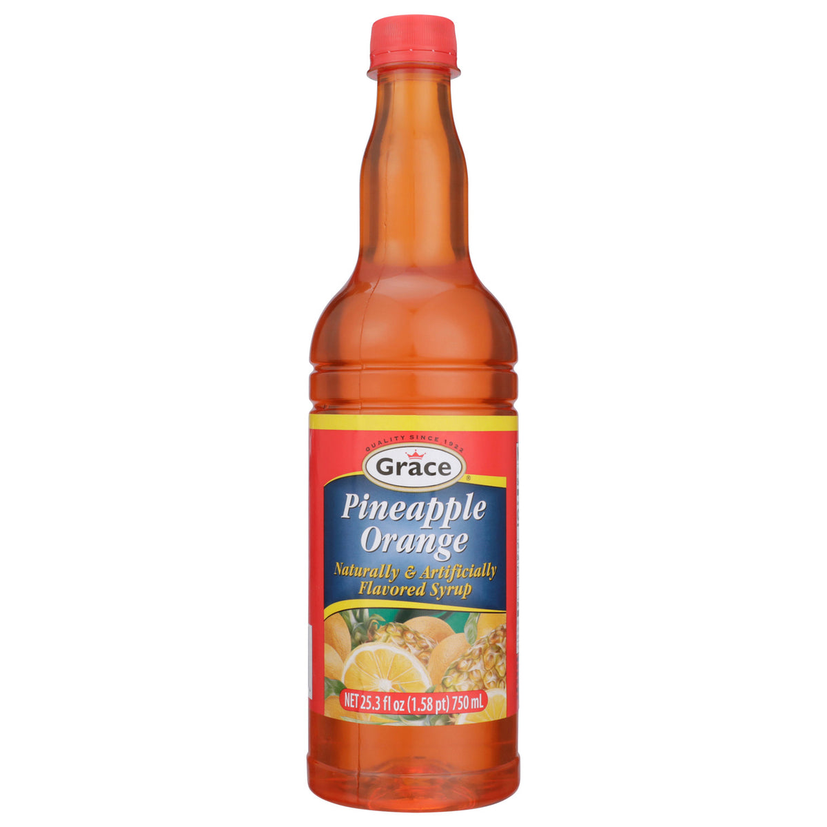 Front view of Grace Pineapple Orange Syrup bottle showcasing its pineapple orange label on white background
