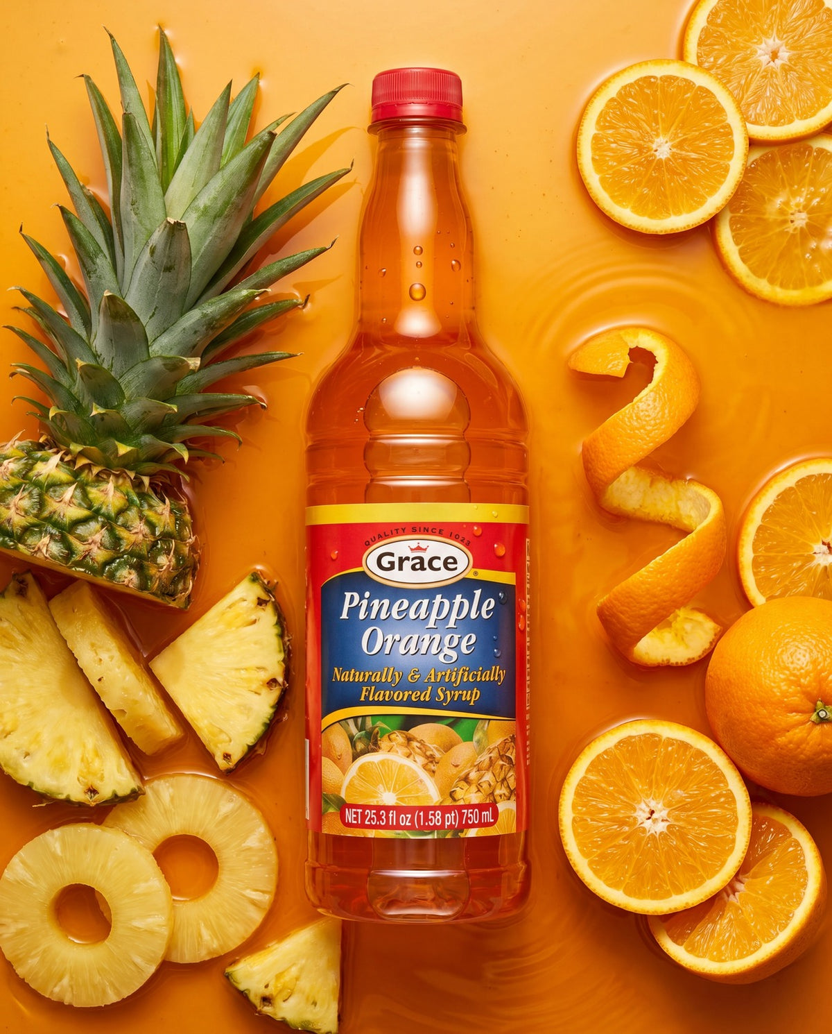 Top-down view of Grace Pineapple Orange Syrup bottle showcasing its label with pineapple and orange slices on an orange background