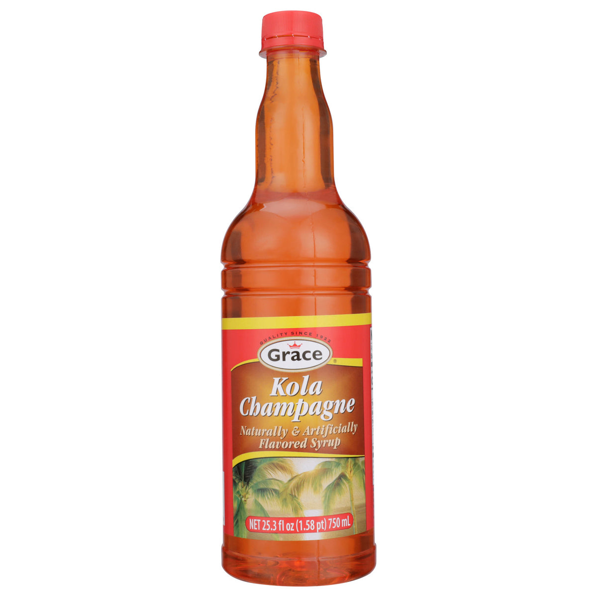 Front view of Grace Kola Champagne Syrup bottle, 25.5 OZ, with red cap and amber-colored syrup on white background