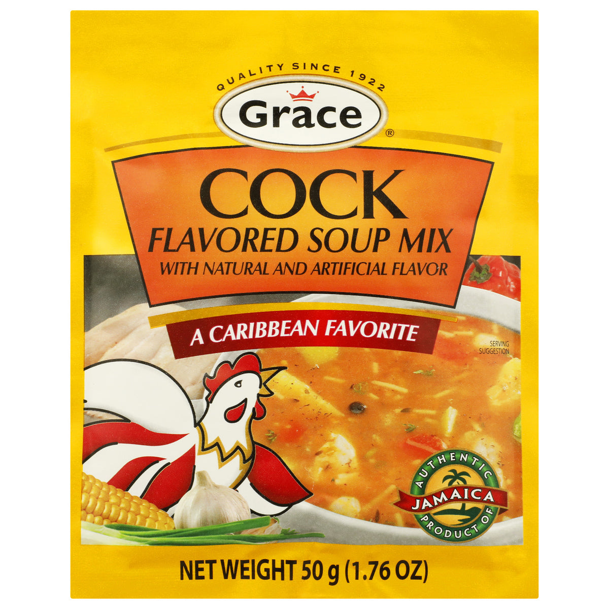 Front view of Grace Cock Soup Mix showcasing yellow pouch packaging with soup imagery