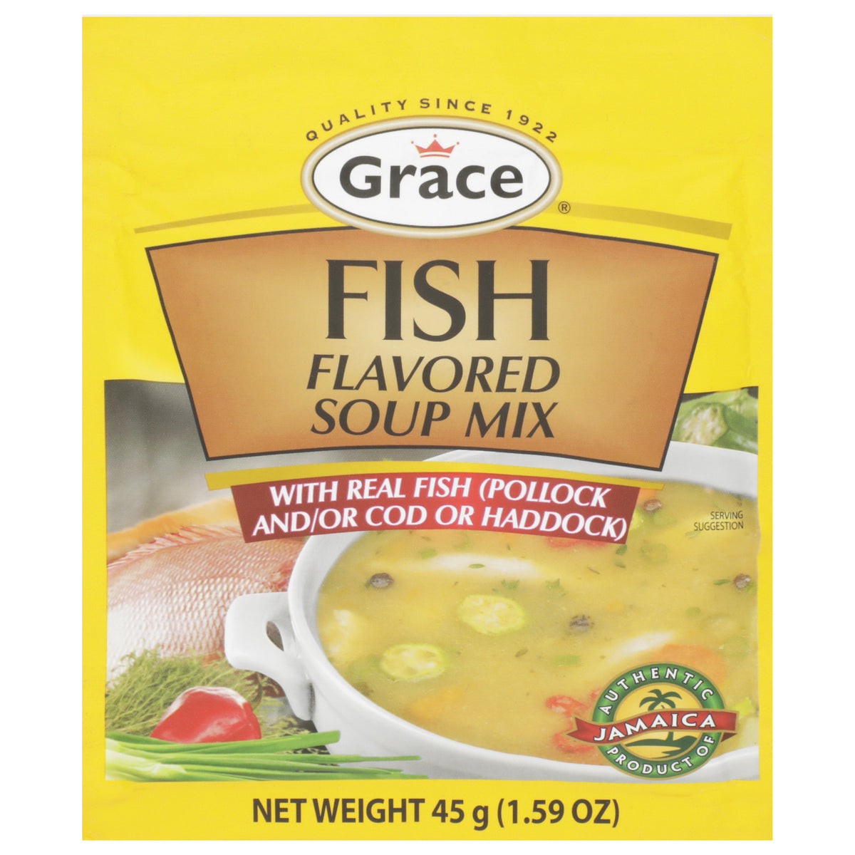 Front view of Grace Fish Flavored Soup Mix showcasing real fish, soup, and Jamaican product badge on yellow packaging