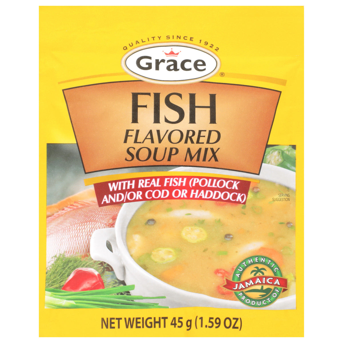 Front view of Grace fish flavored soup mix packet showcasing real fish pollock cod or haddock and yellow packaging