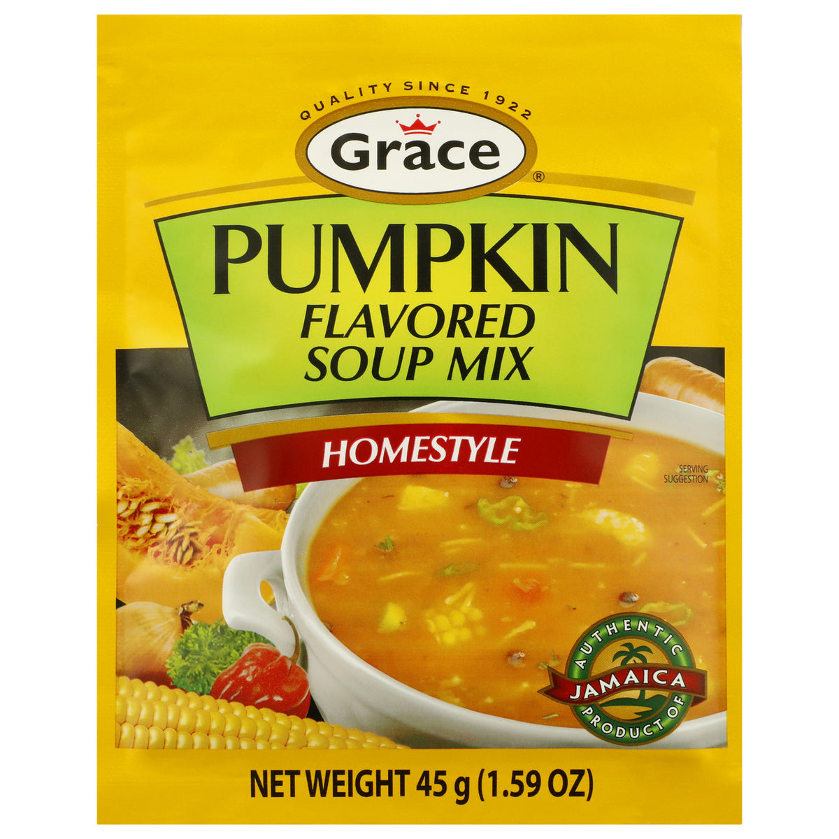 Front view of Grace Pumpkin Soup Mix showcasing pumpkin-flavored homestyle soup in yellow 45 g packaging