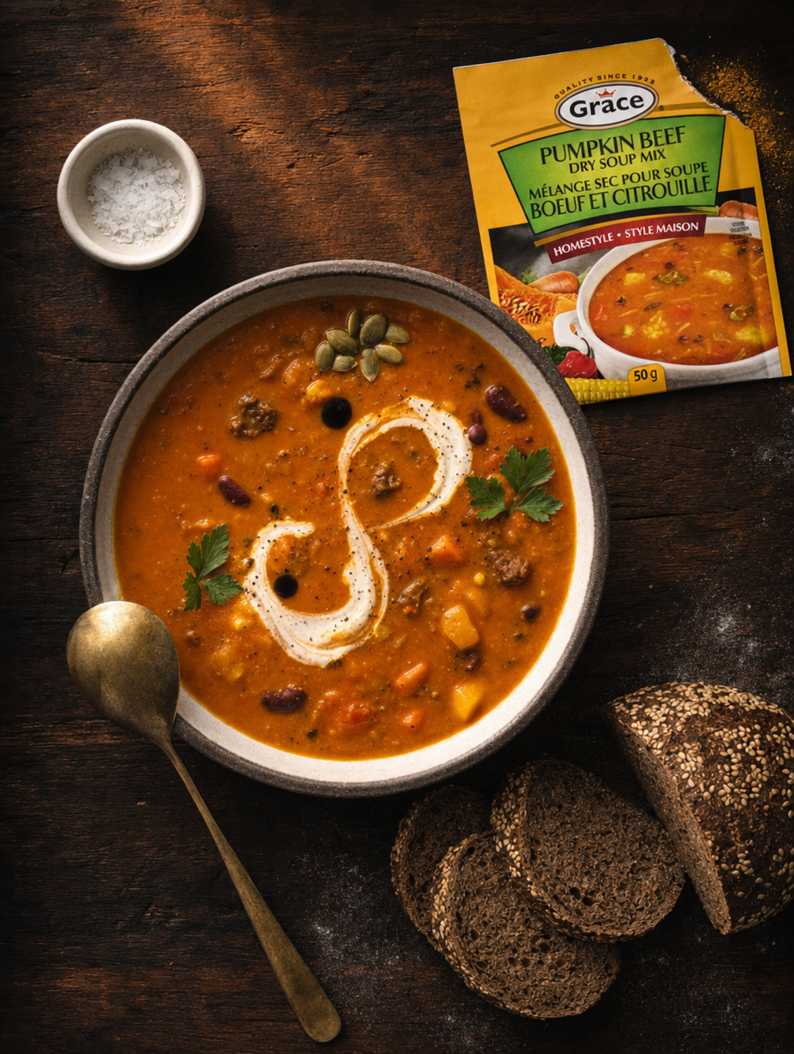 Angled view of Grace Pumpkin Soup Mix packet showcasing a bowl of prepared soup with bread and spoon on a dark table