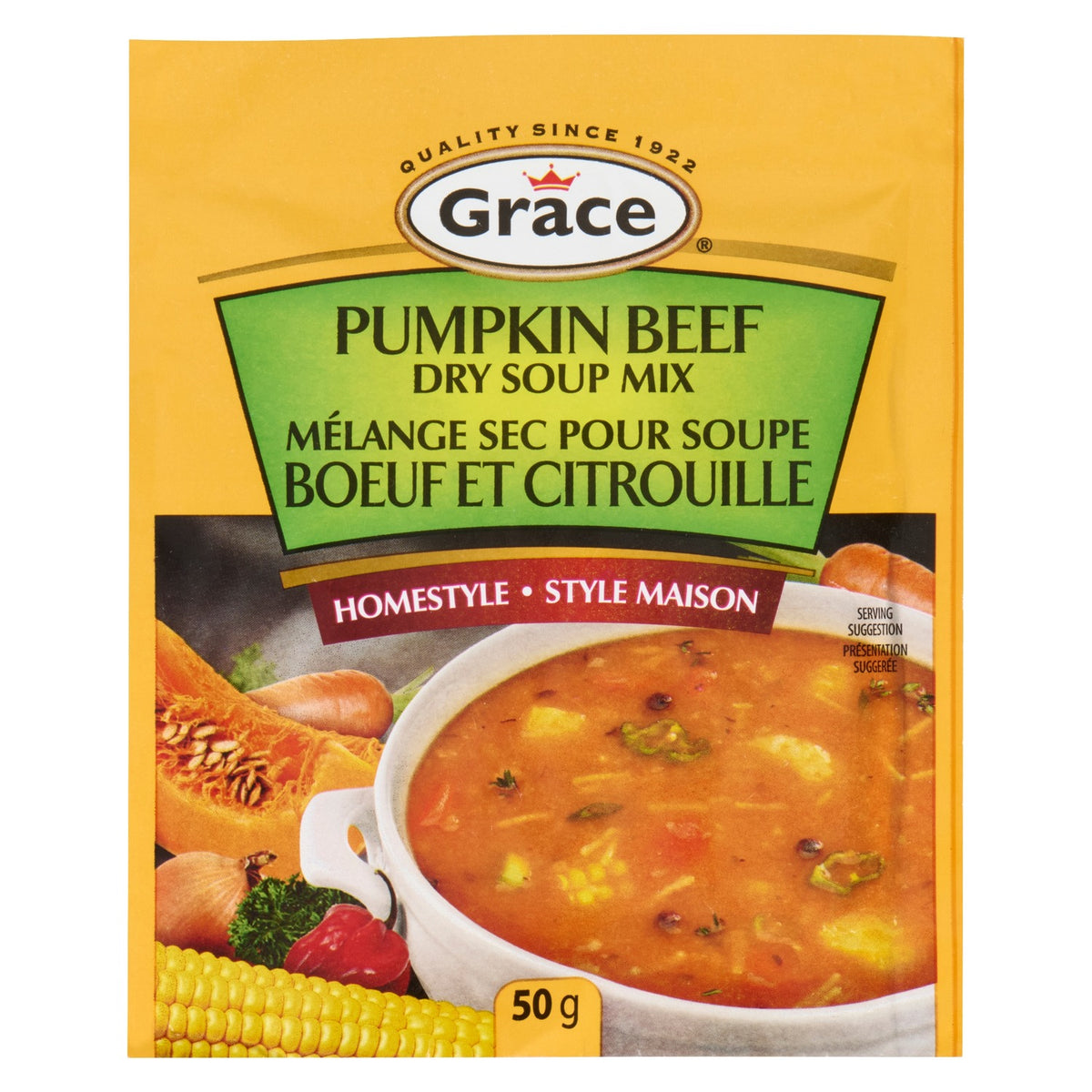 Front view of Grace Pumpkin Soup Mix package labeled Pumpkin Beef Dry Soup Mix with a bowl of soup