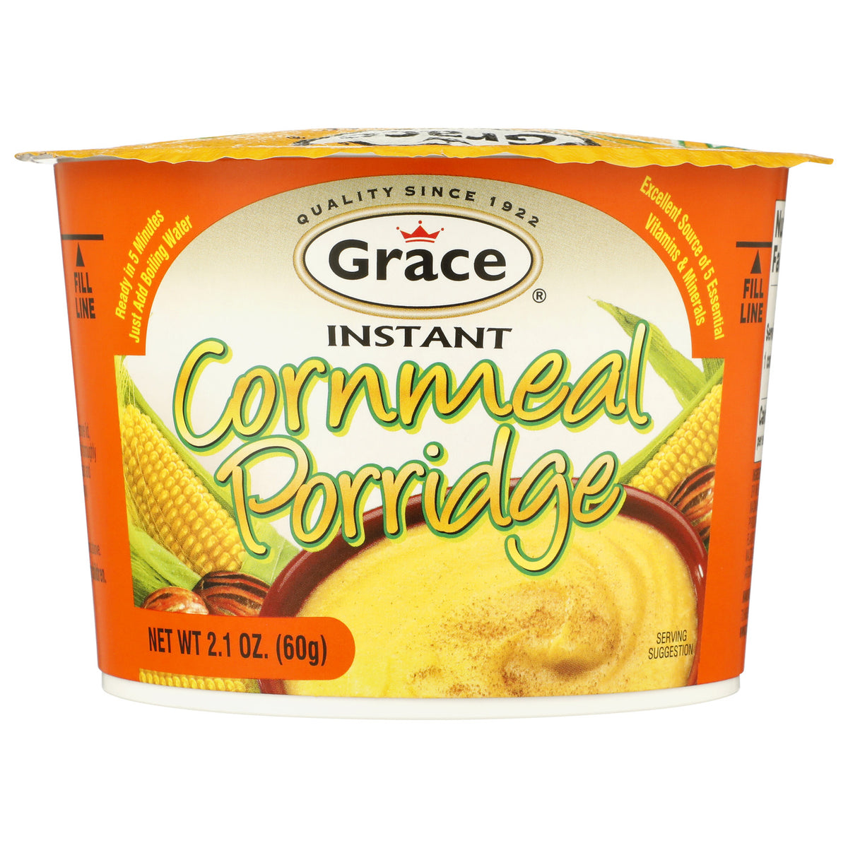 Front view of Grace Instant Cornmeal Porridge cup showcasing 60g package and five-minute preparation on white background