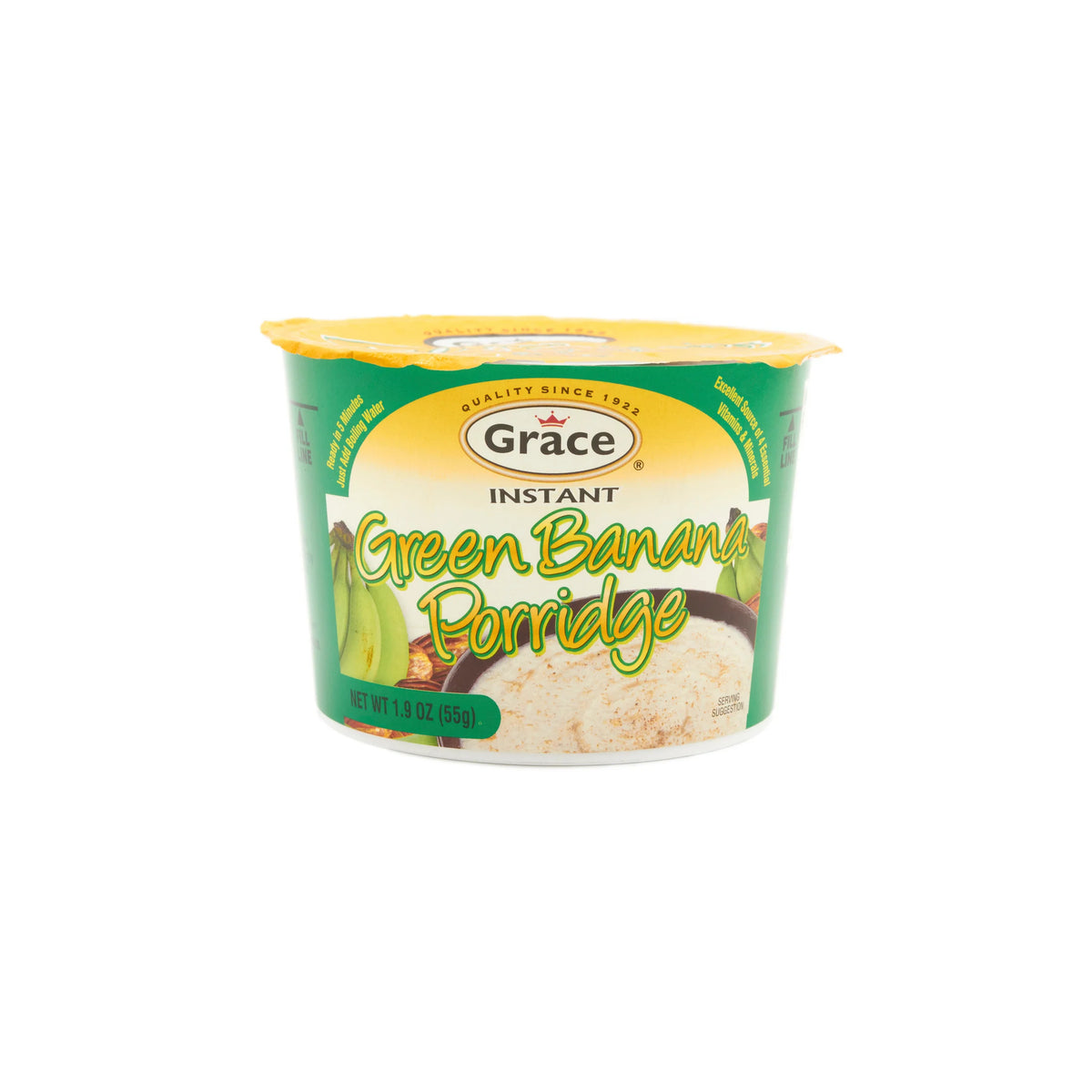 Front view of Grace Green Banana Porridge instant cup showcasing green banana flavor and 55 gram size on white background