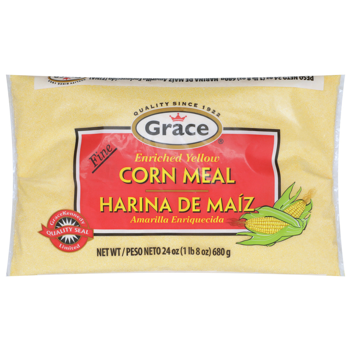 Front view of Grace Fine Enriched Yellow Cornmeal showcasing 24 oz package on a white background