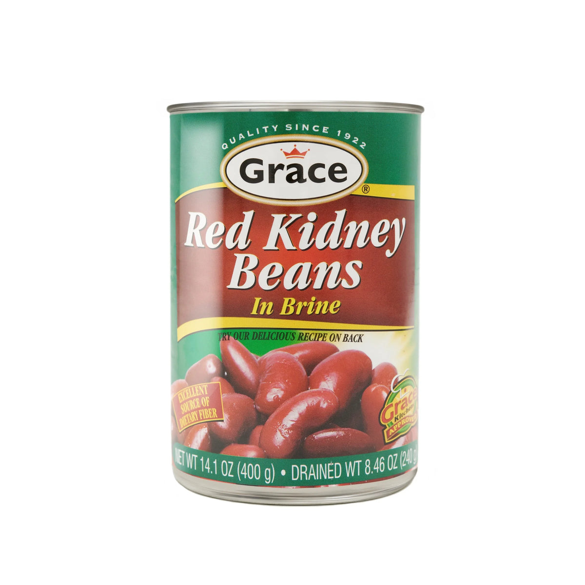 Front view of Grace Red Kidney Beans showcasing canned beans in brine with a white background