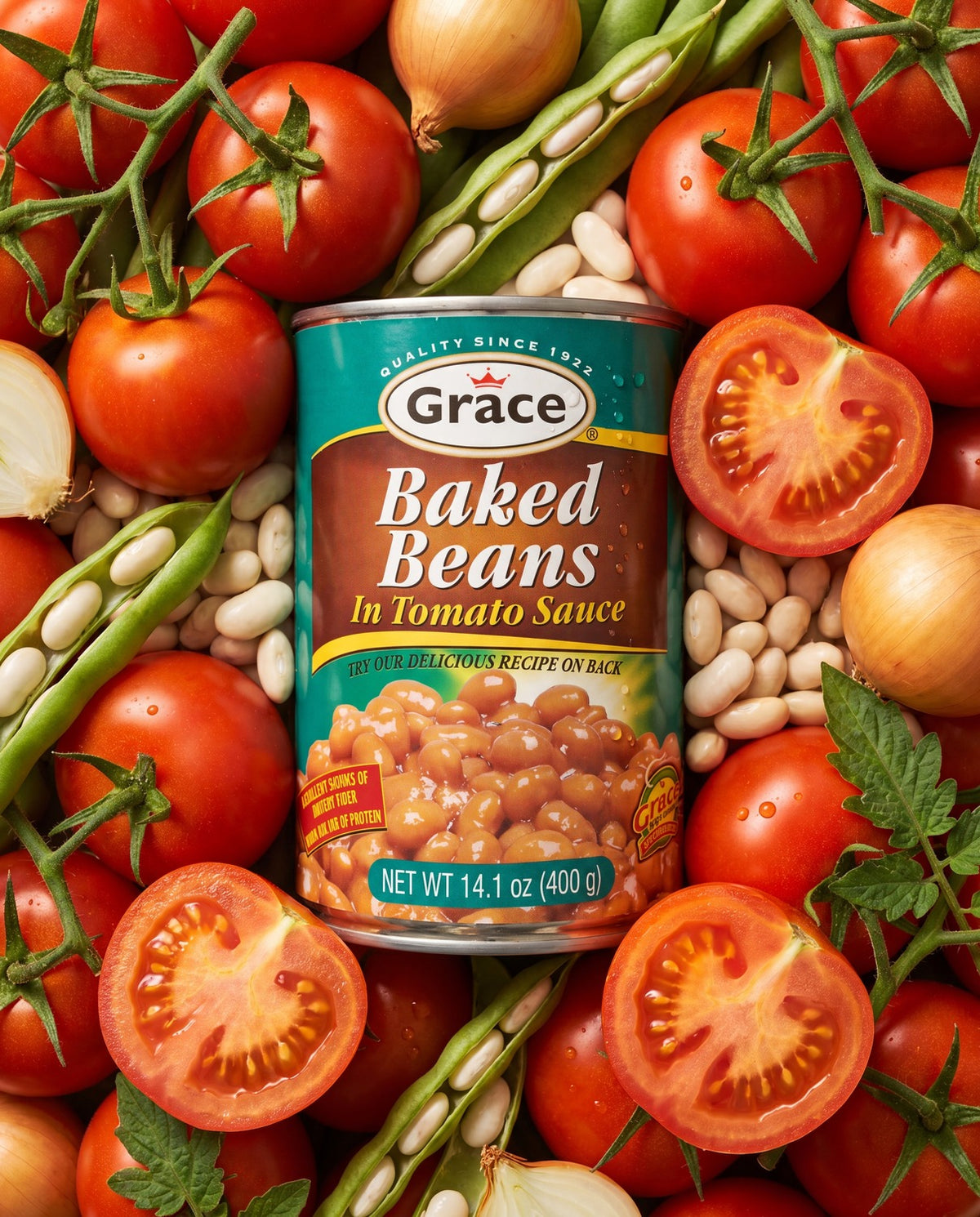 Front view of Grace Baked Beans in Tomato Sauce can showcasing 400 g size with tomatoes, beans, and onions