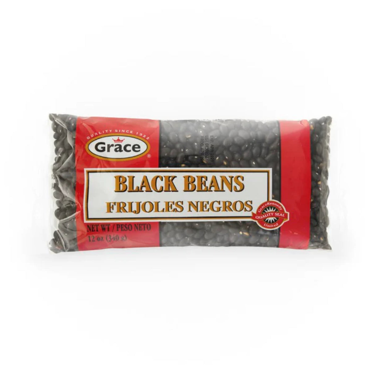 Front view of Grace Dry Black Beans showcasing black beans in a 12 ounce package on a white background