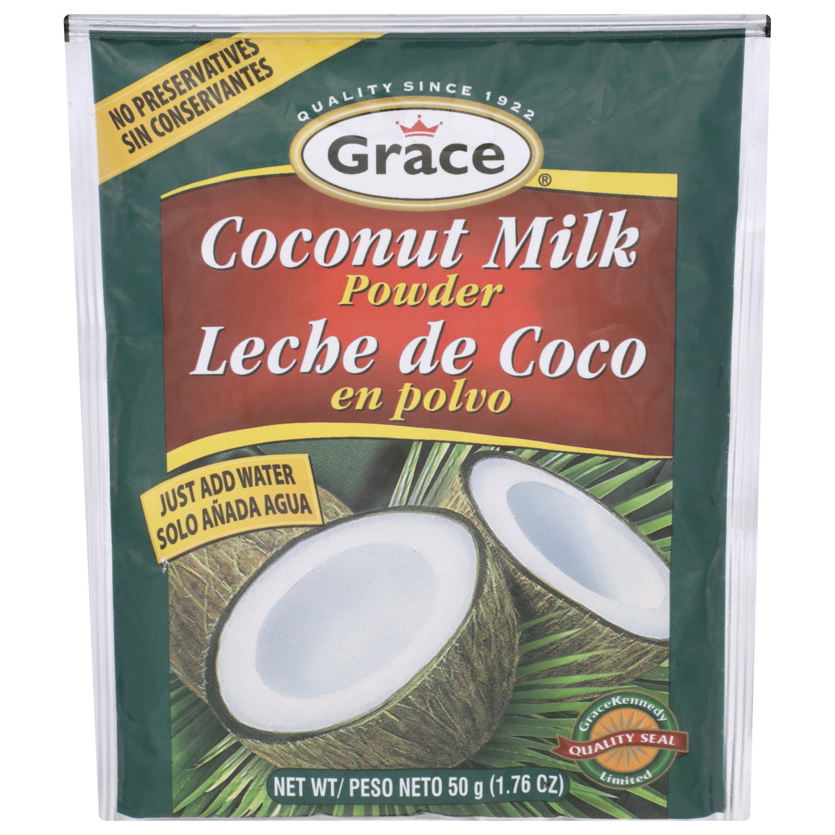 Front view of Grace Coconut Milk Powder pouch showing no preservatives, just add water, and 50 g net weight on white background