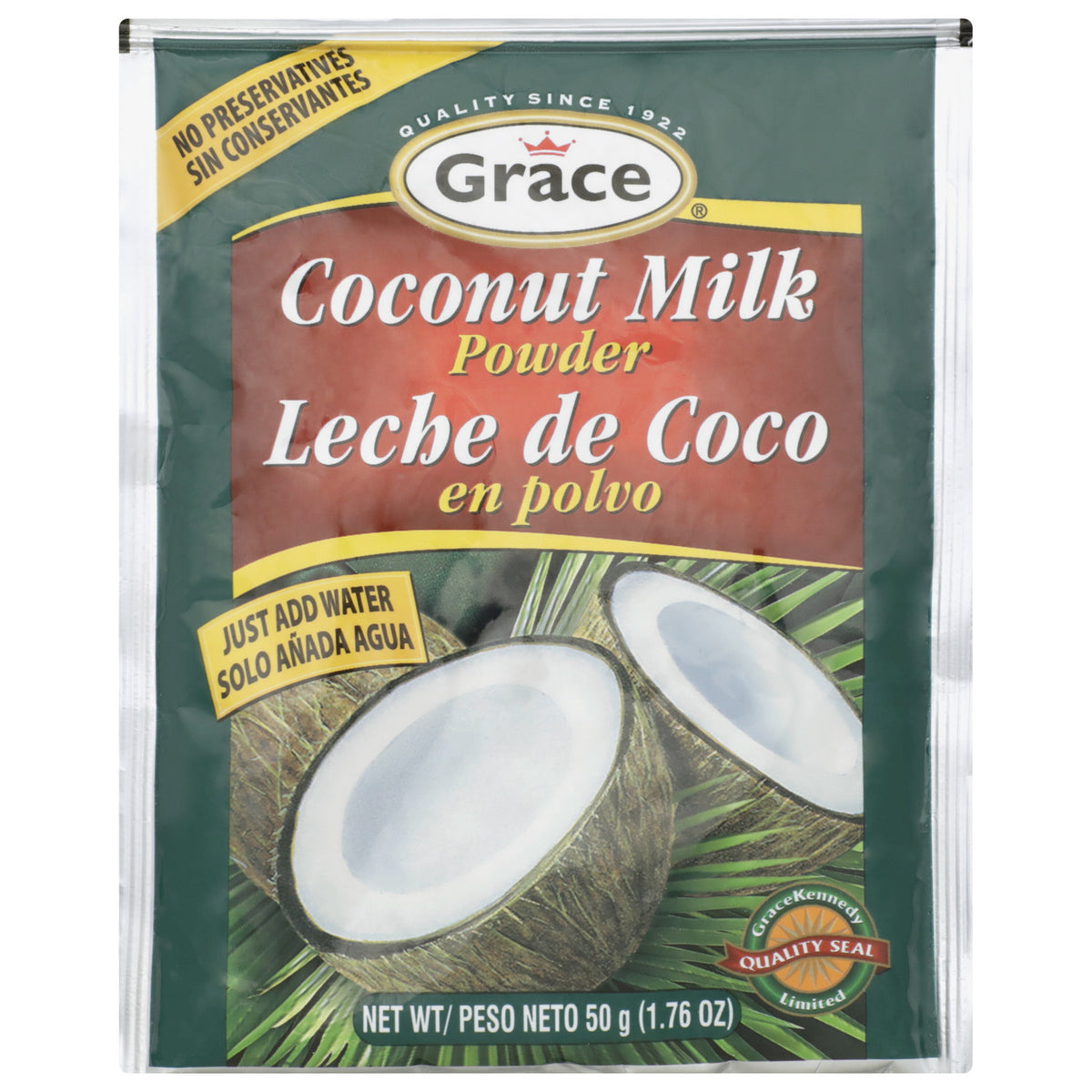 Front view of Grace Coconut Milk Powder packet showcasing no preservatives and just add water text with coconut imagery
