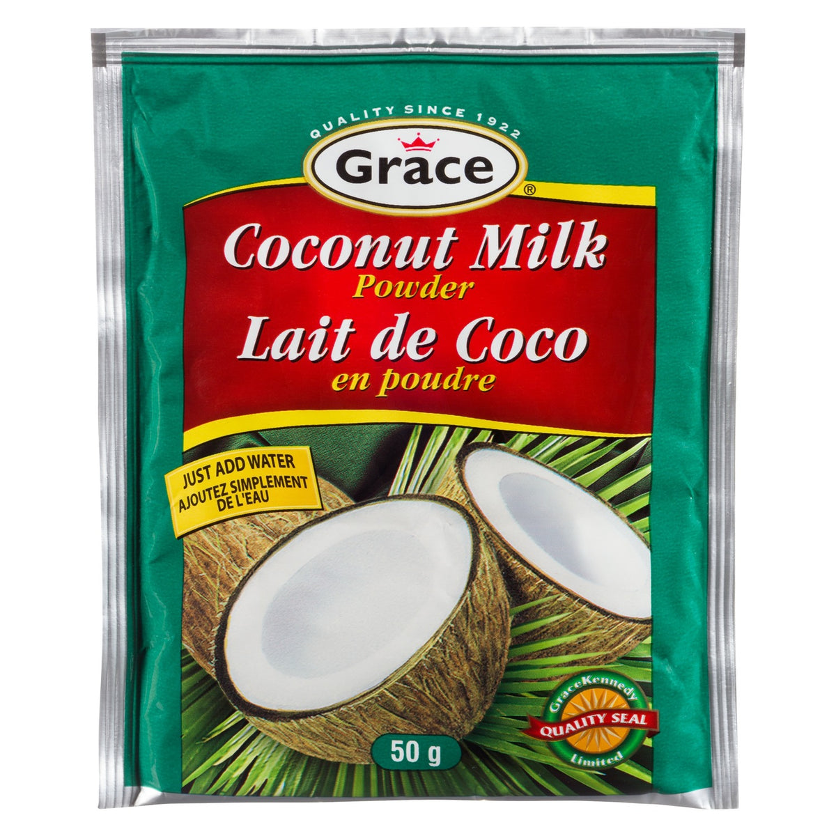 Front view of Grace Coconut Milk Powder packet showing coconut halves, 50 g, and just add water message on white background
