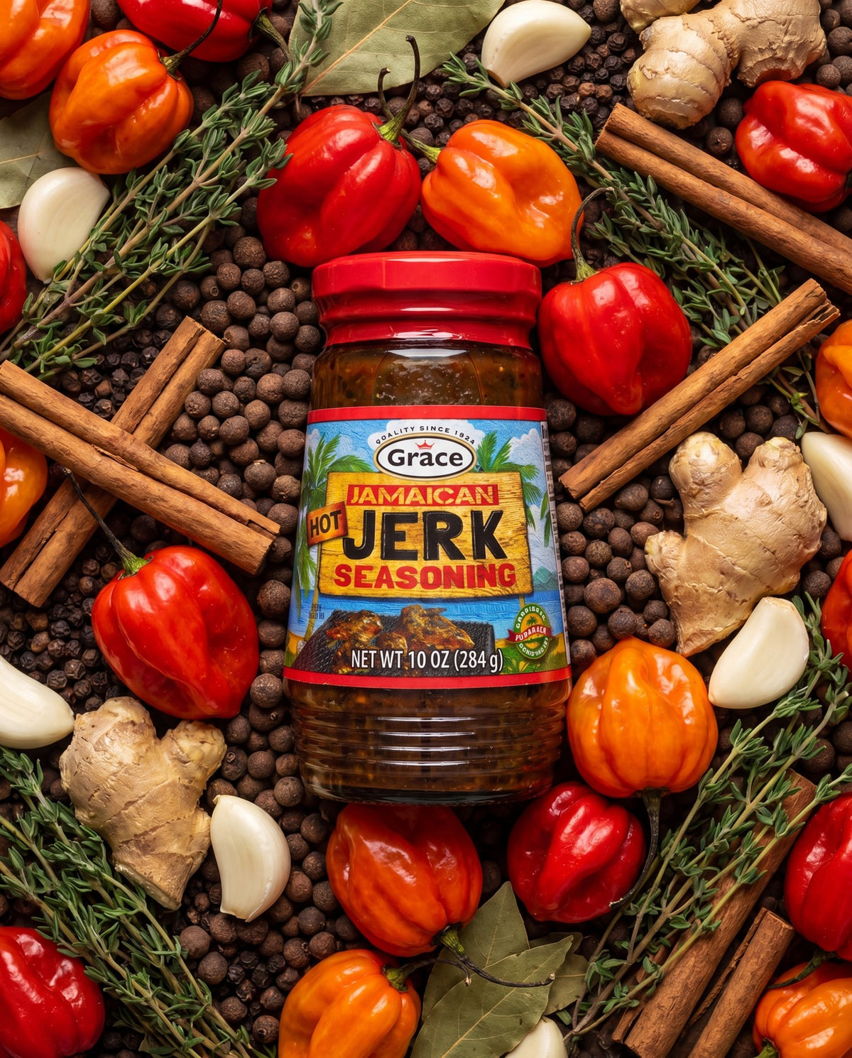 Front view of Grace Jamaican Hot Jerk Seasoning showcasing its 10 oz jar with peppers, spices, garlic, and ginger background