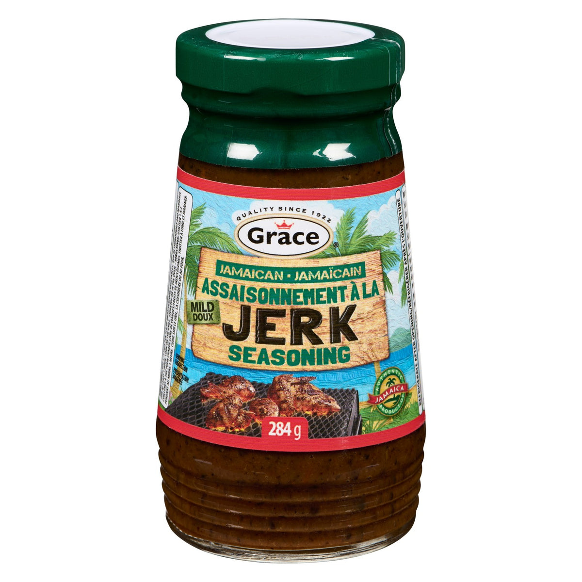 Front view of Grace Jamaican Mild Jerk Seasoning jar showcasing the mild seasoning label and 284 g marking on a white background
