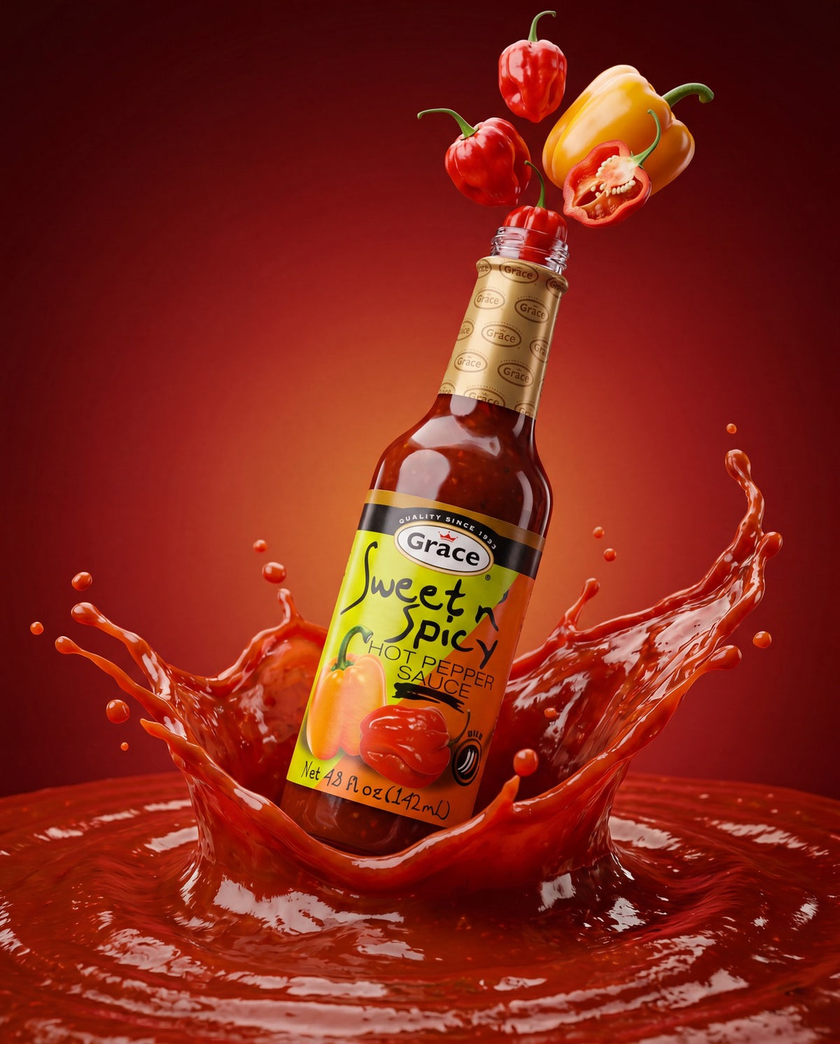 Angled view of Grace Sweet n Spicy Hot Pepper Sauce showcasing its bottle label and peppers with a red pepper-sauce splash background
