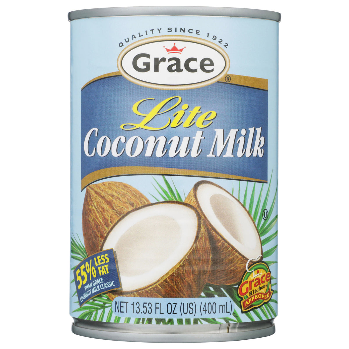 Front view of Grace Lite Coconut Milk can showcasing 55% less fat and 400 mL size on a white background