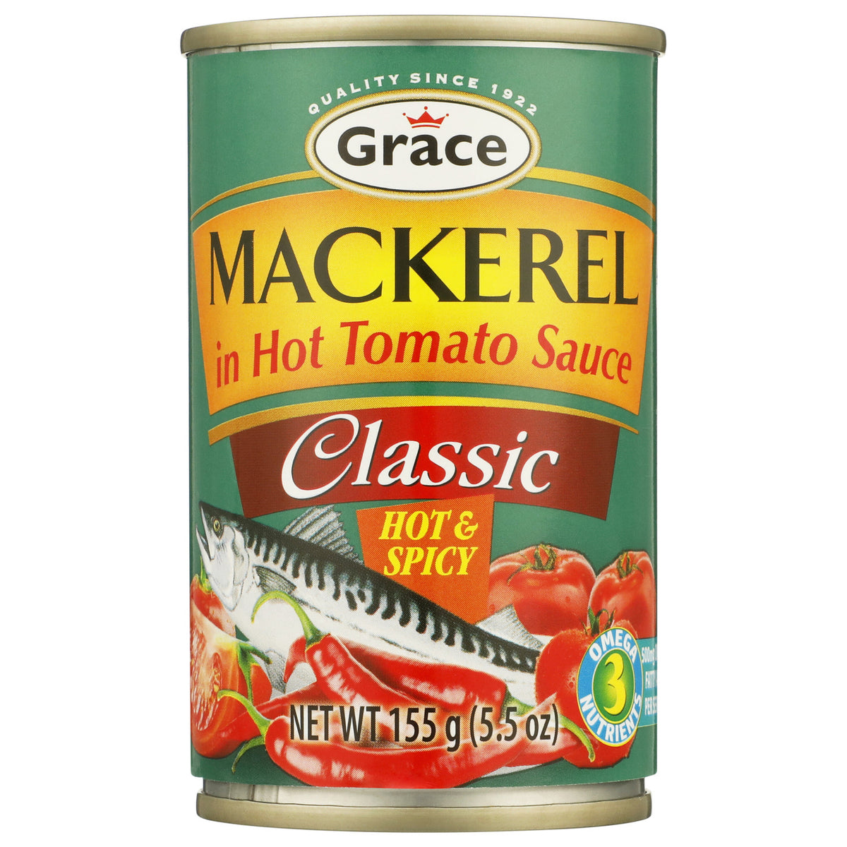 Front view of Grace mackerel in hot tomato sauce can showcasing hot and spicy flavor and 155 g weight with white background