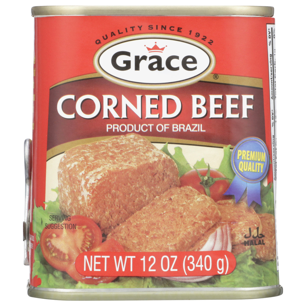Front view of Grace Corned Beef showcasing a red 12 oz can with vegetable serving suggestion on a white background