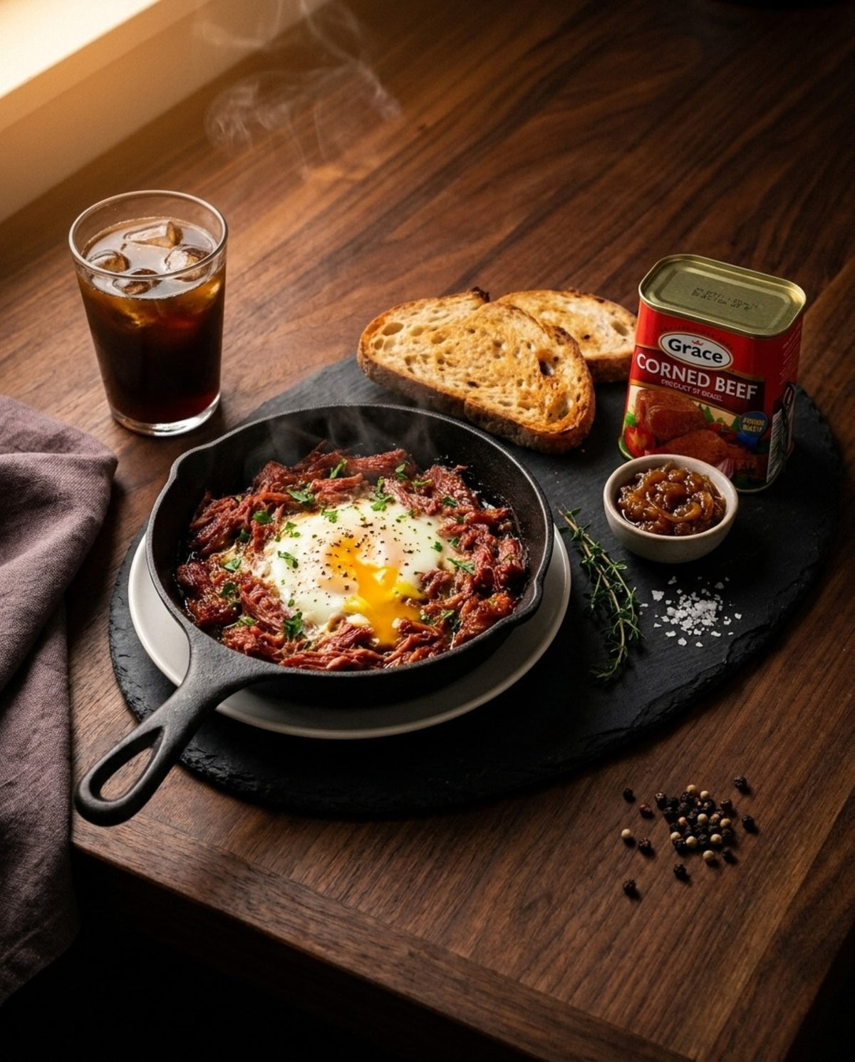 Grace Corned Beef served with a fried egg in a skillet beside toast and the product can