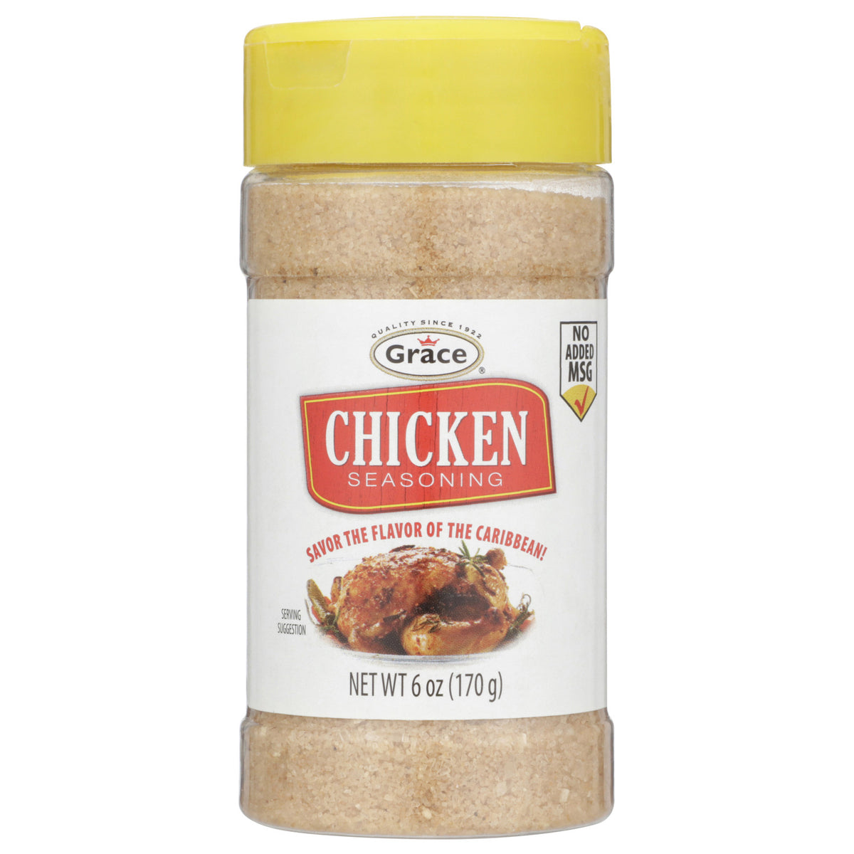 Front view of Grace Chicken Seasoning showcasing the yellow-lidded jar and no added MSG label on a white background