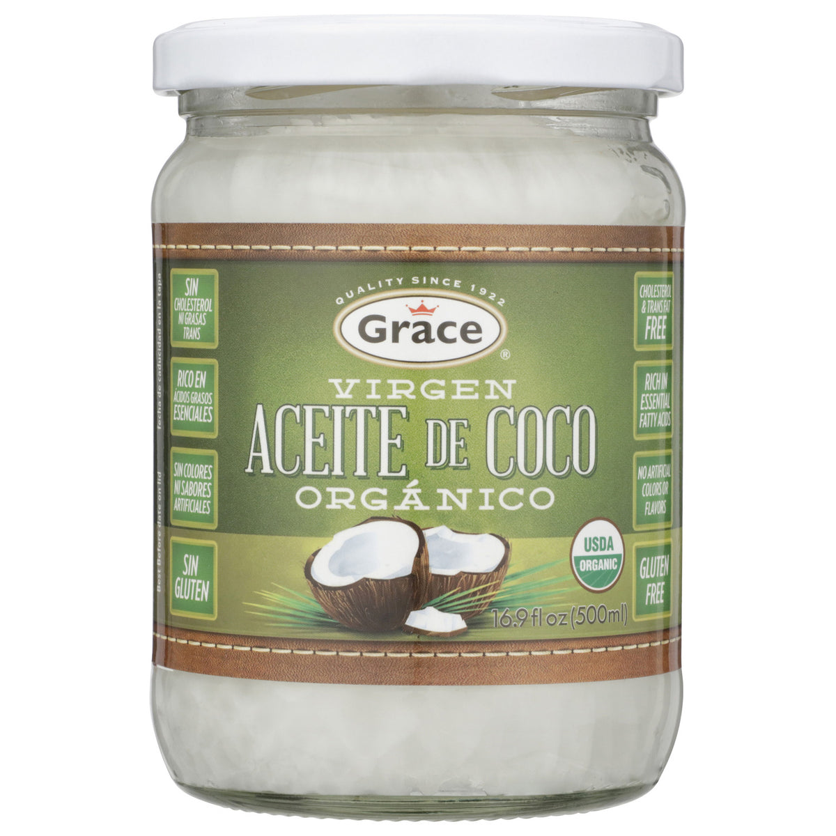 Front view of Grace Organic Virgin Coconut Oil jar showcasing the organic label and 500 ml size on a white background