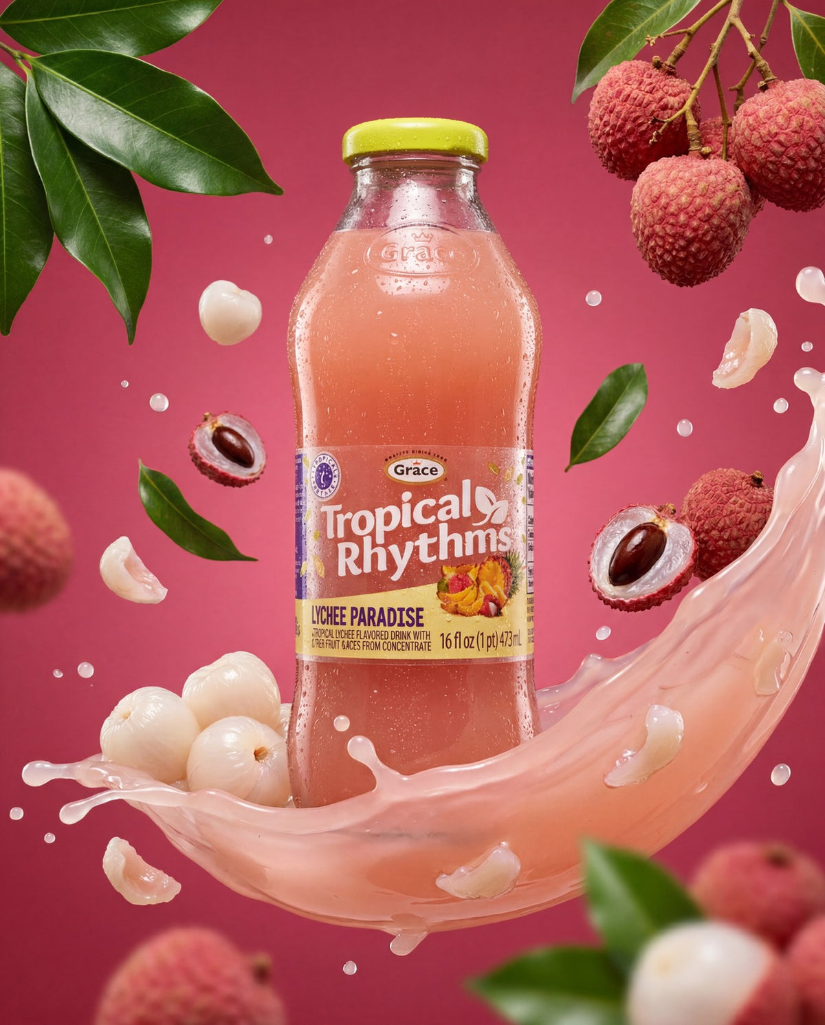 Front view of Grace Tropical Rhythms Lychee Paradise Drink bottle, 16 fl oz, with lychees and a pink drink splash
